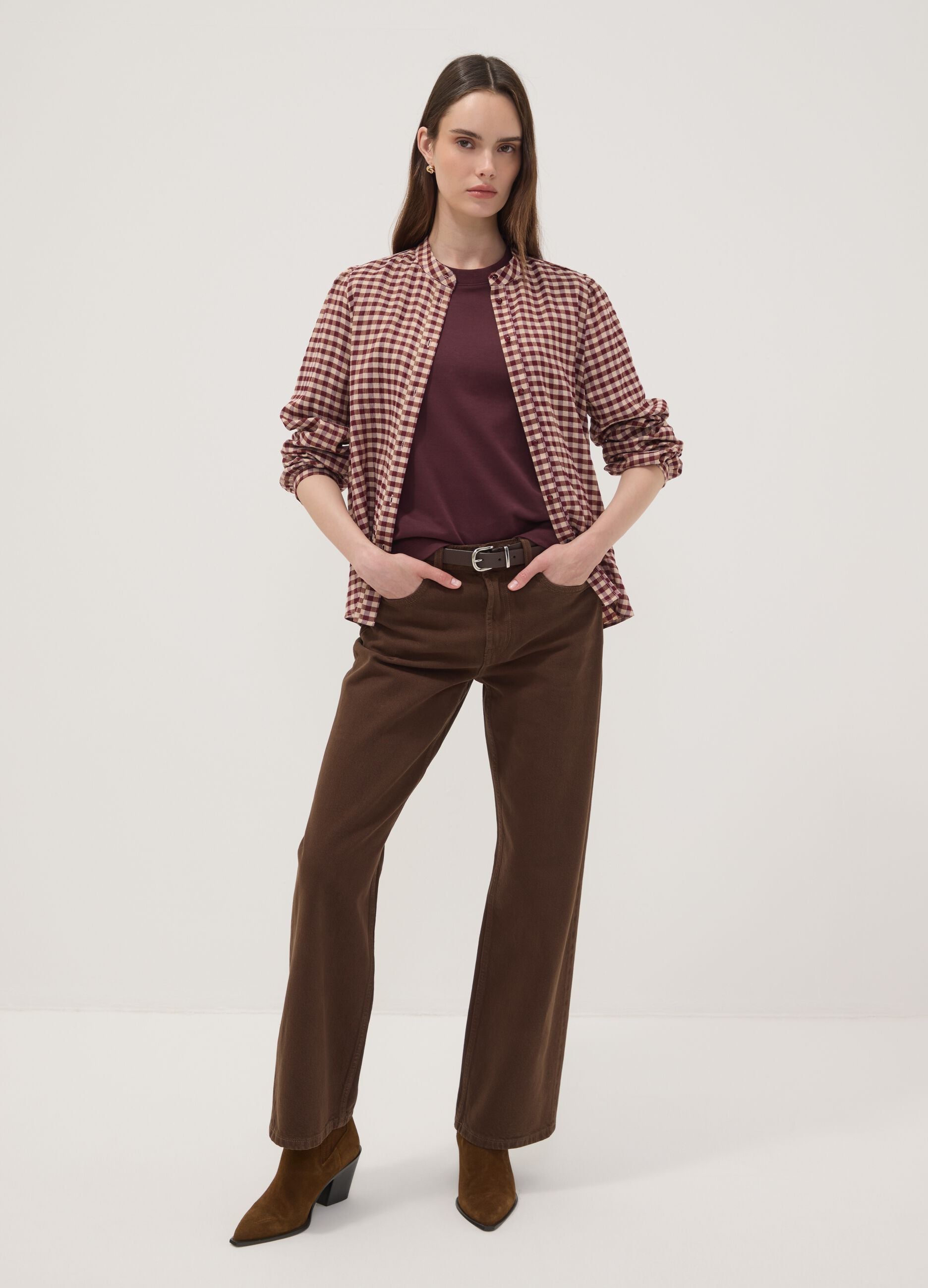 White checked stretch viscose shirt with mandarin collar