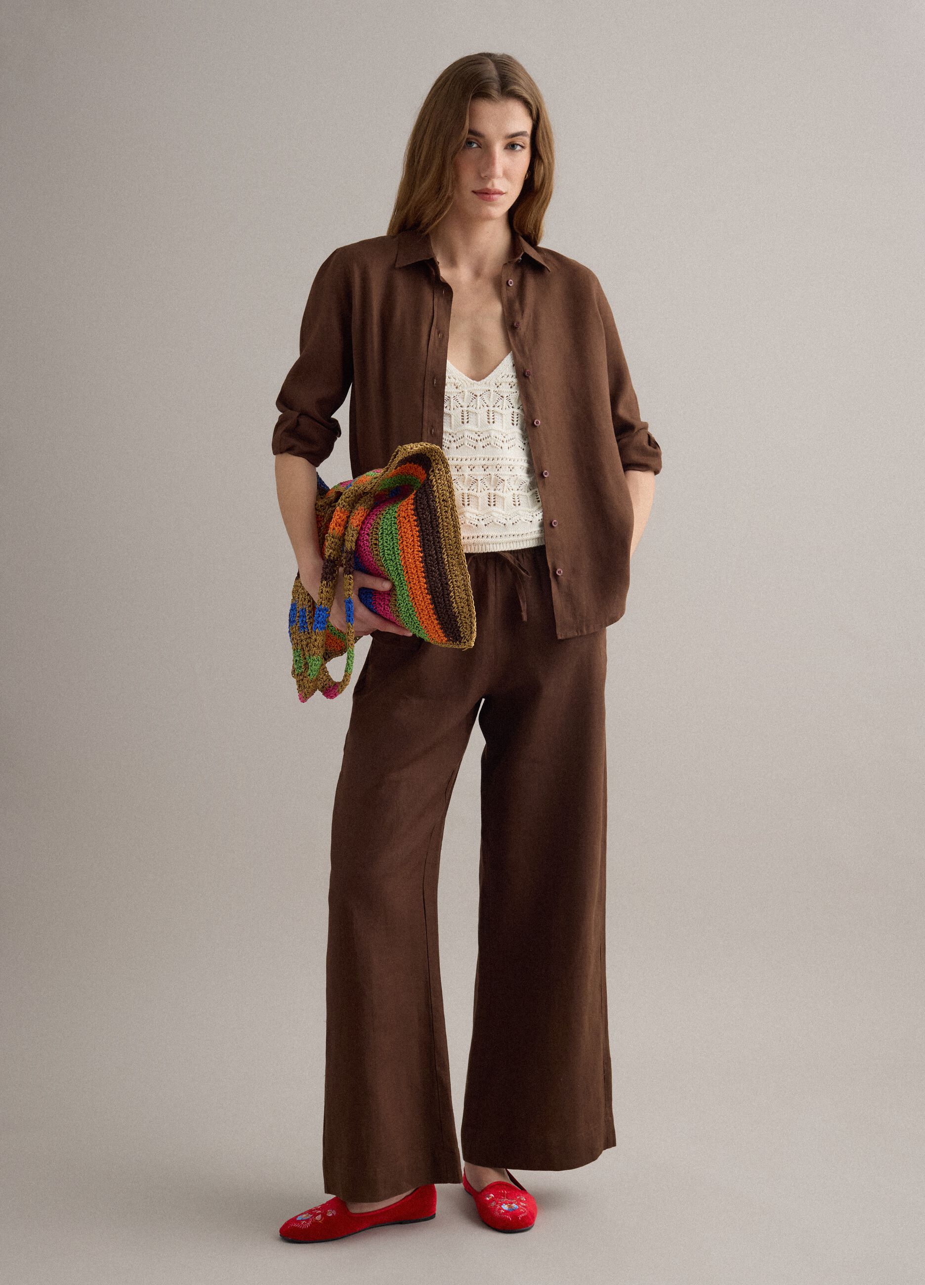 Brown pure linen drawstring trousers, straight fit