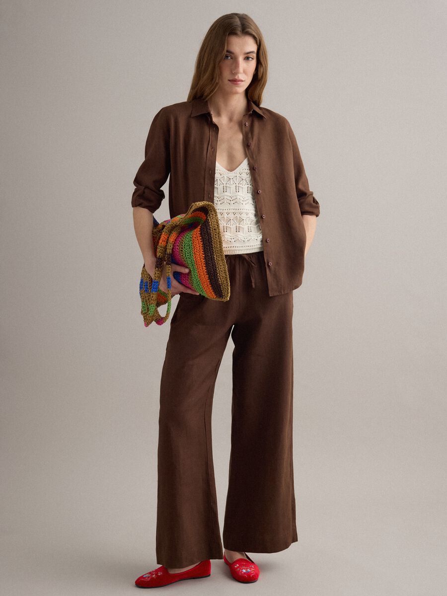 Pantaloni marroni in puro lino con coulisse straight fit_1