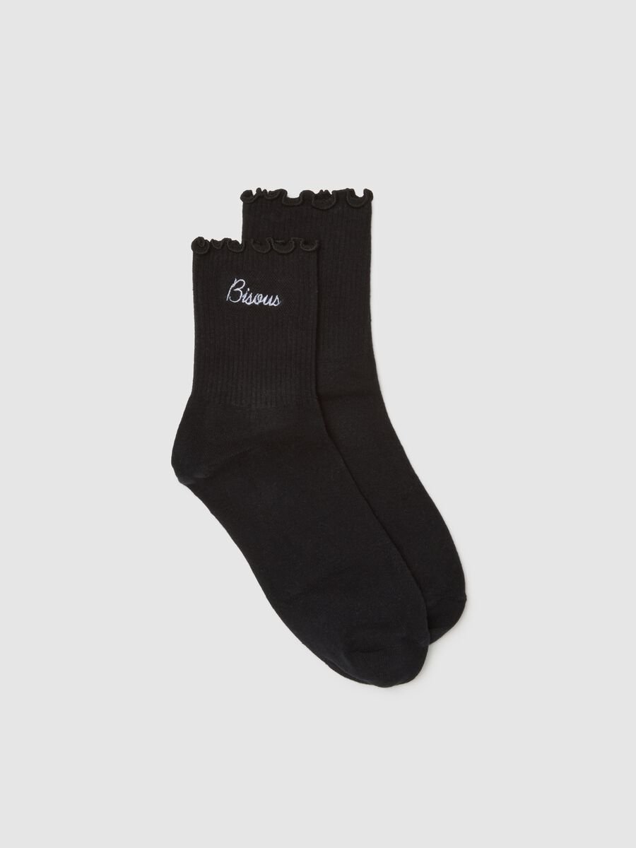 Black Cotton Blend Socks with Ruffled Edges_0