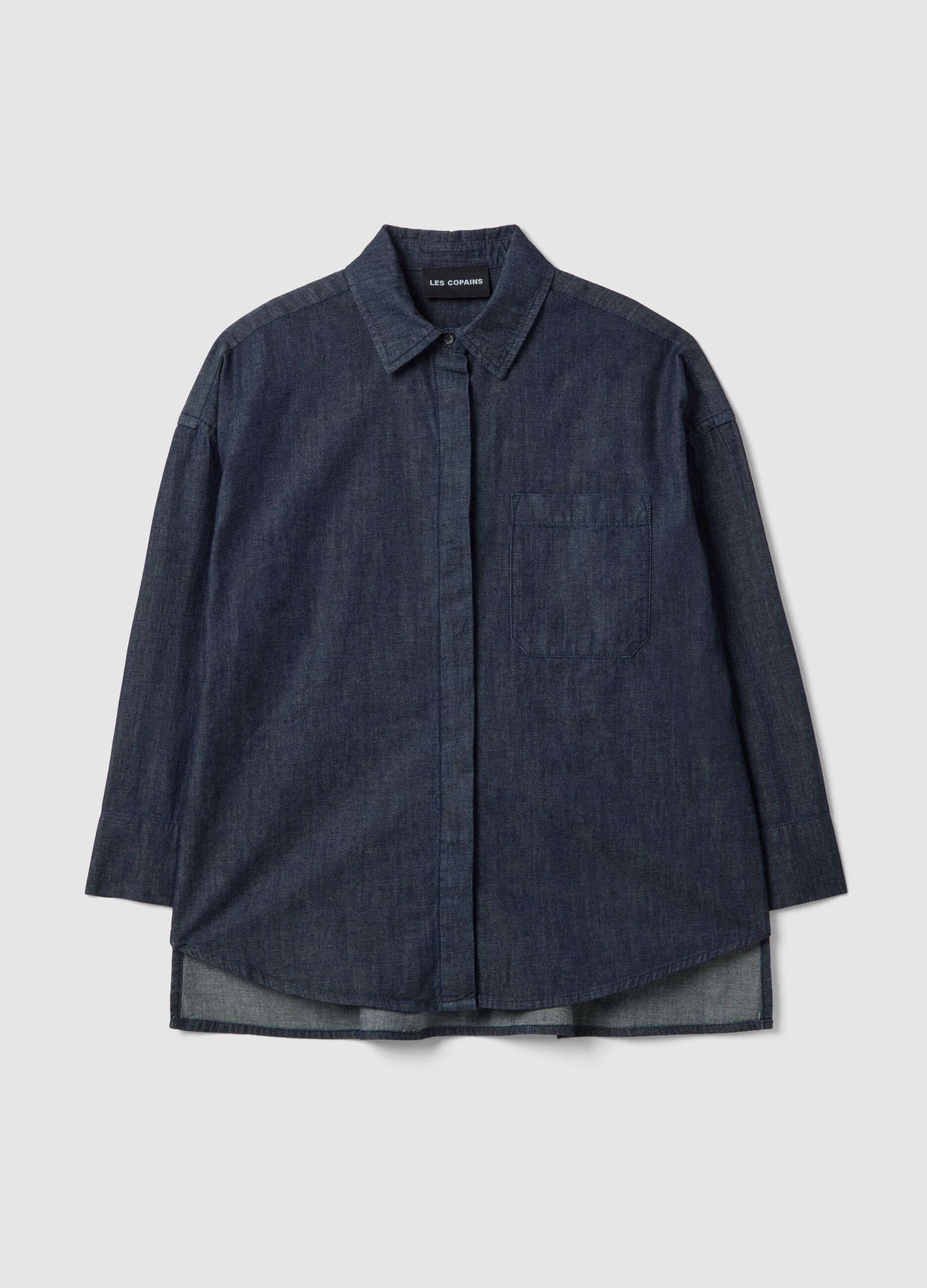 Oversized fit long shirt in pure blue denim cotton