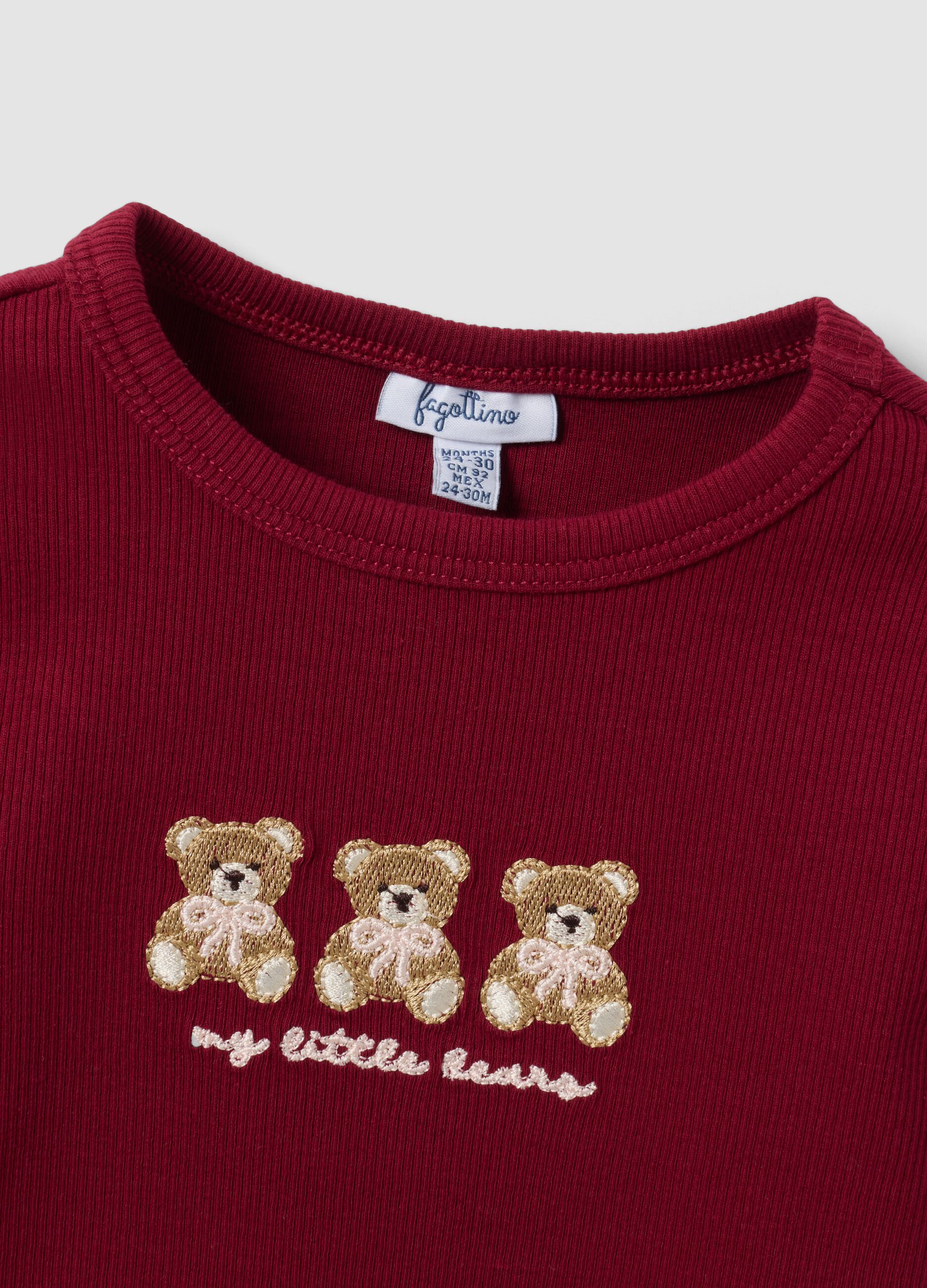 Red stretch organic cotton crew-neck T-shirt with teddy bear embroidery