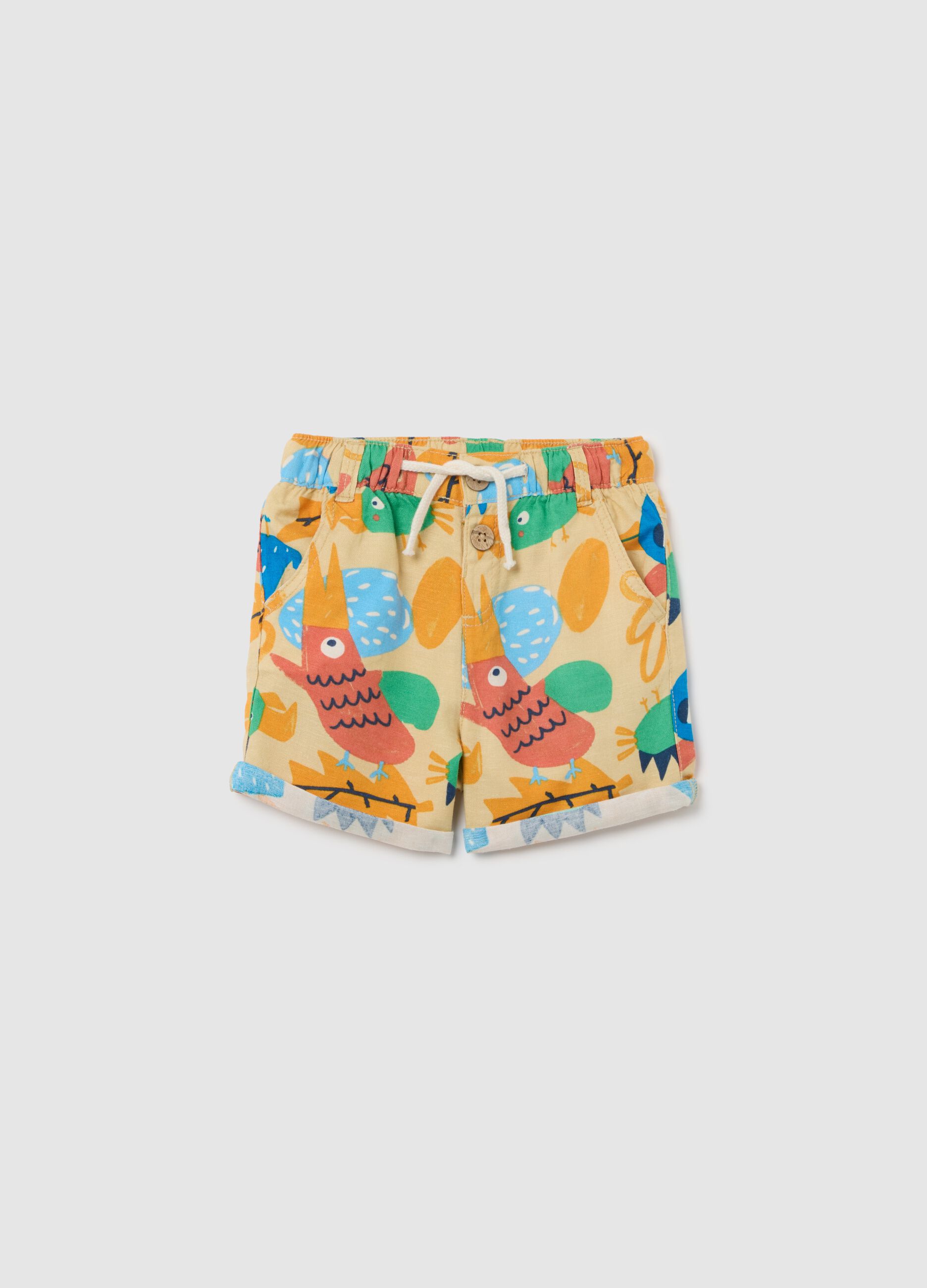 Multicoloured viscose and linen blend children's shorts regular fit with tropical print