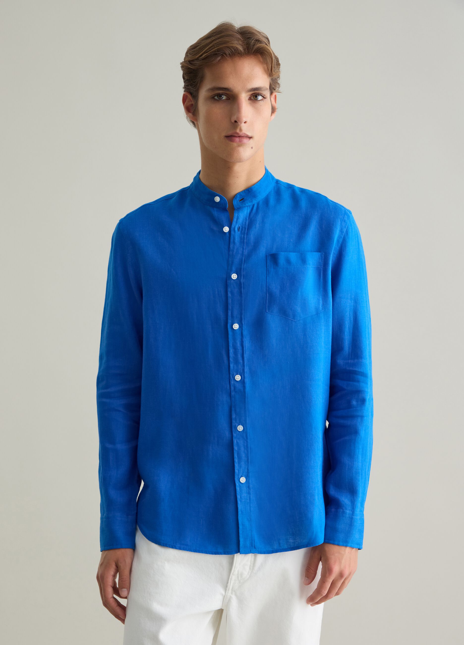 Camicia da uomo in puro lino blu regular fit
