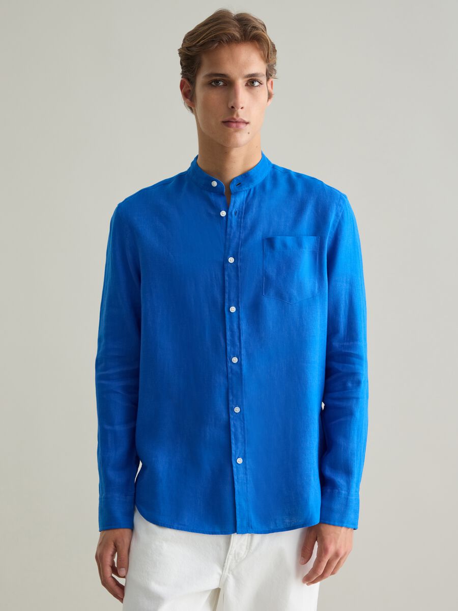 Men's Regular Fit Blue Pure Linen Shirt_0