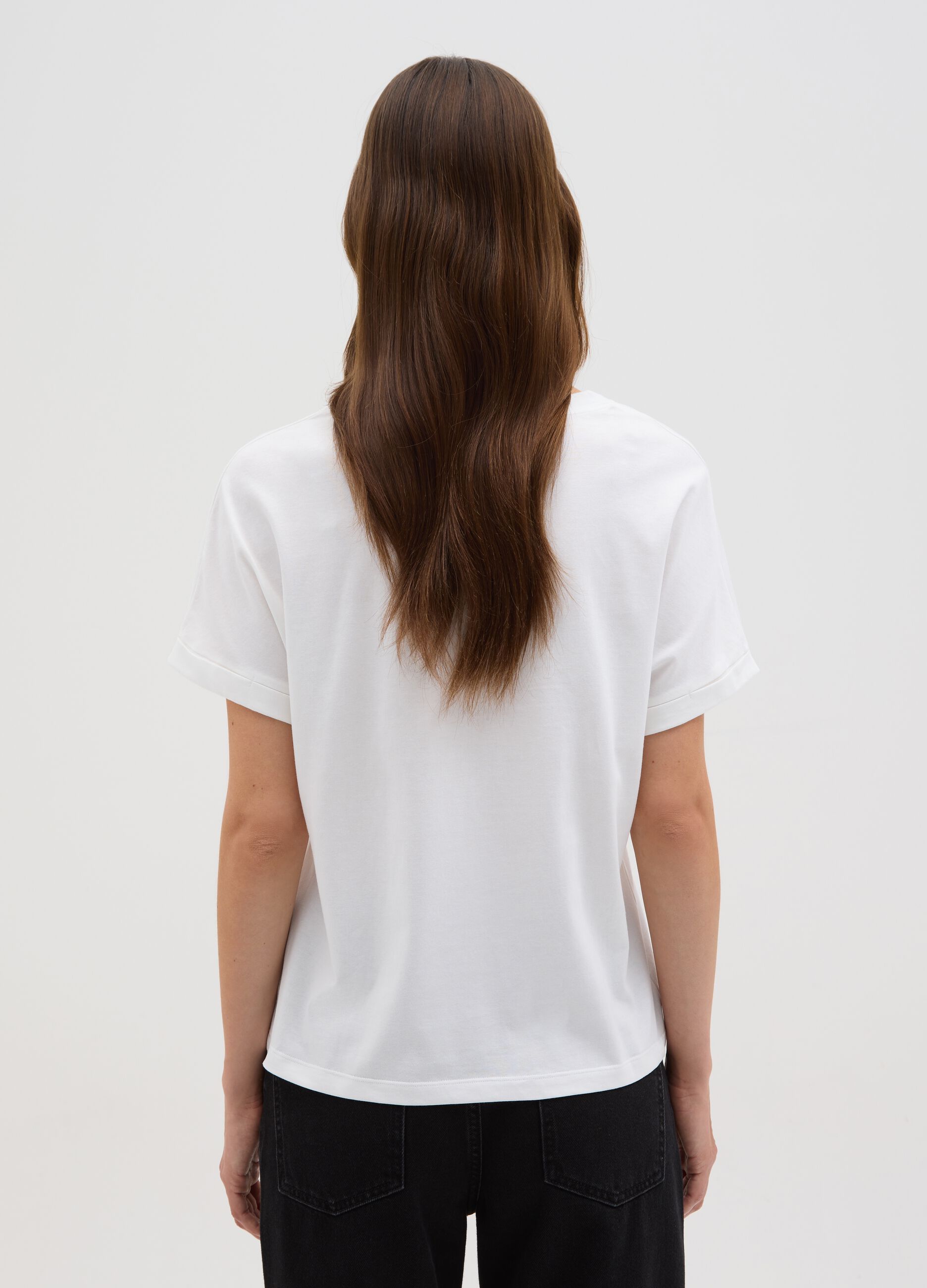 Women's White Cotton T-shirt Regular Fit with Embroidery