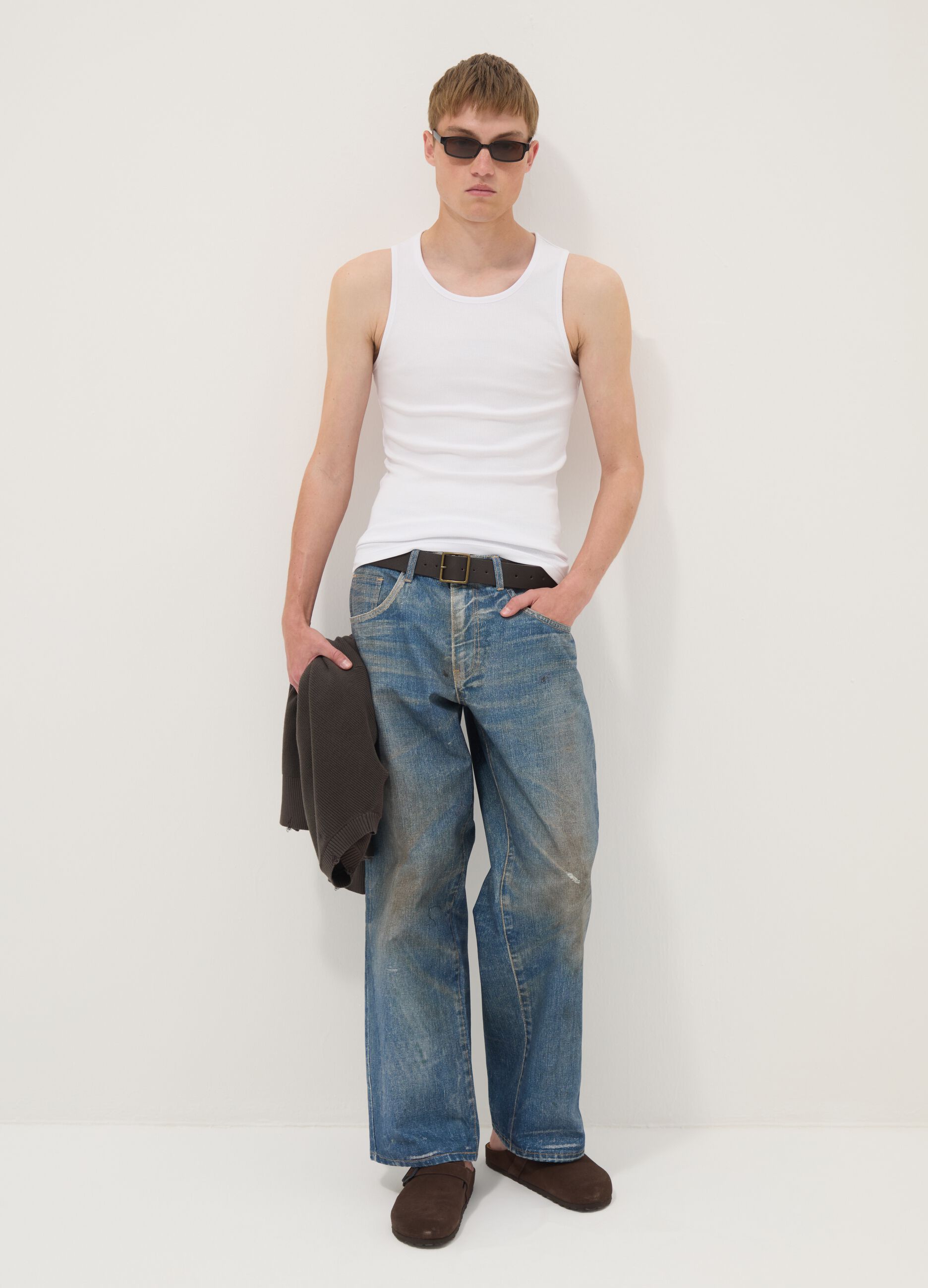 White fitted ribbed stretch-cotton tank top