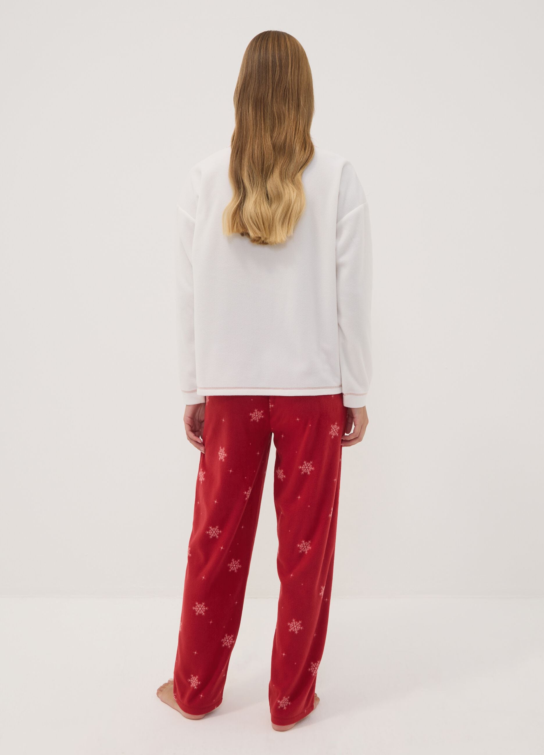 White fleece crew-neck regular-fit printed pyjamas