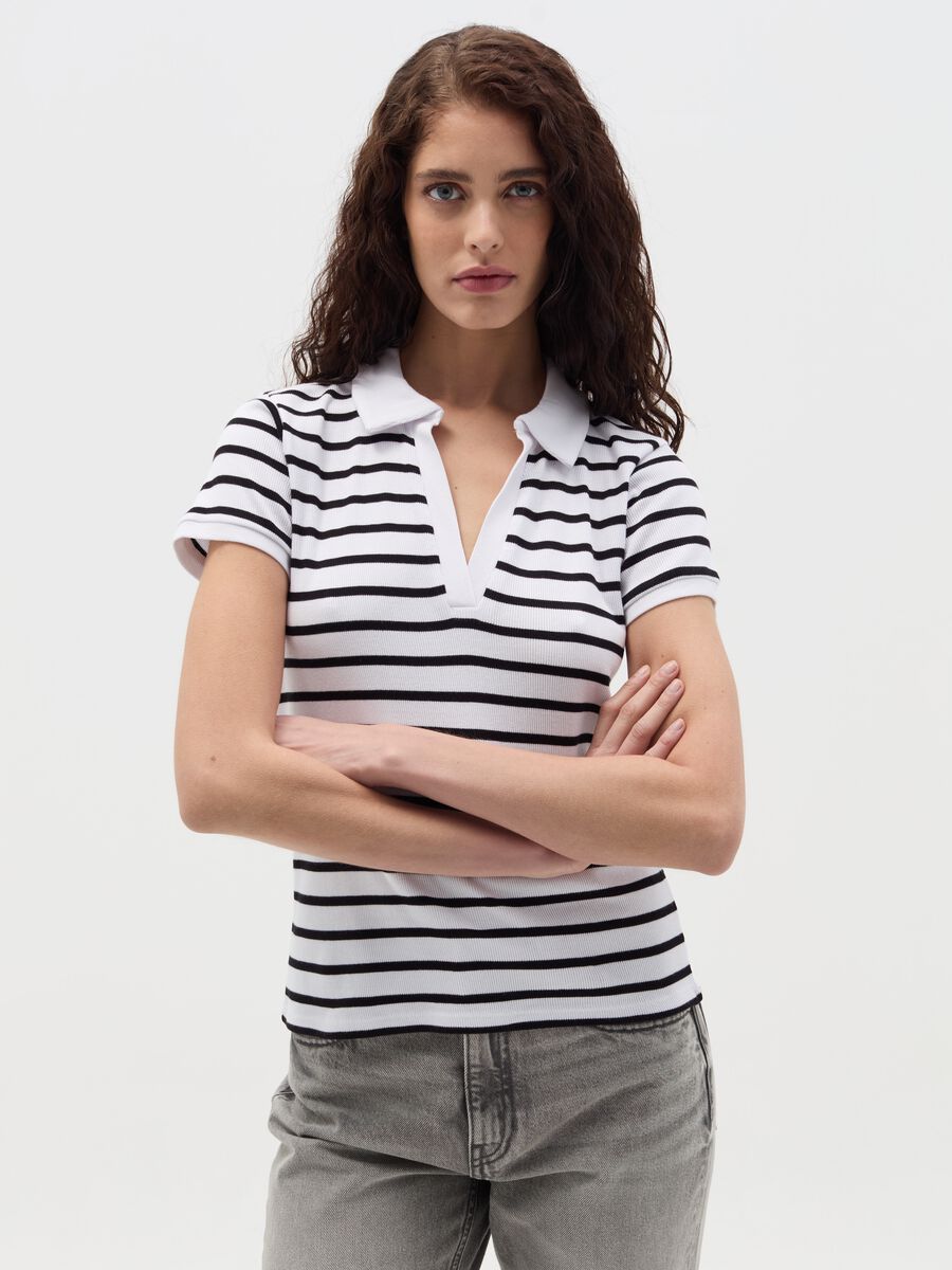 Striped T-shirt with polo neckline_0