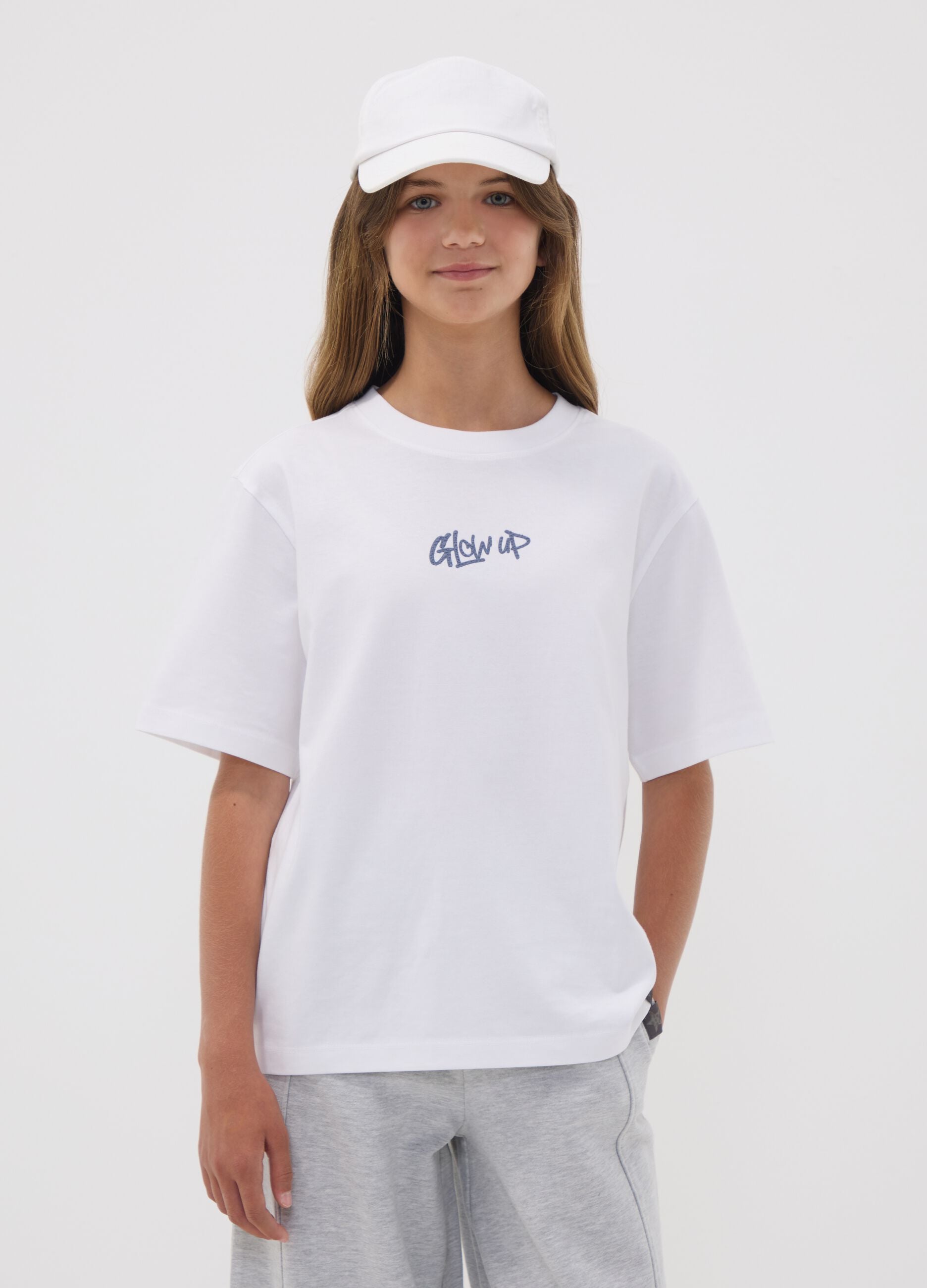White pure cotton T-shirt with ribbed neckline and &lsquo;Glow Up&rsquo; slogan