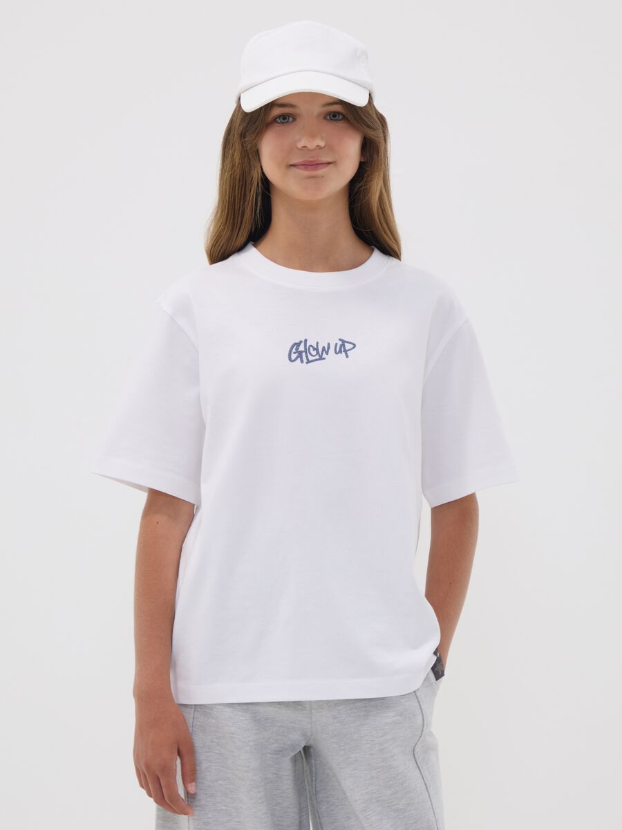 White pure cotton T-shirt with ribbed neckline and &lsquo;Glow Up&rsquo; slogan_1