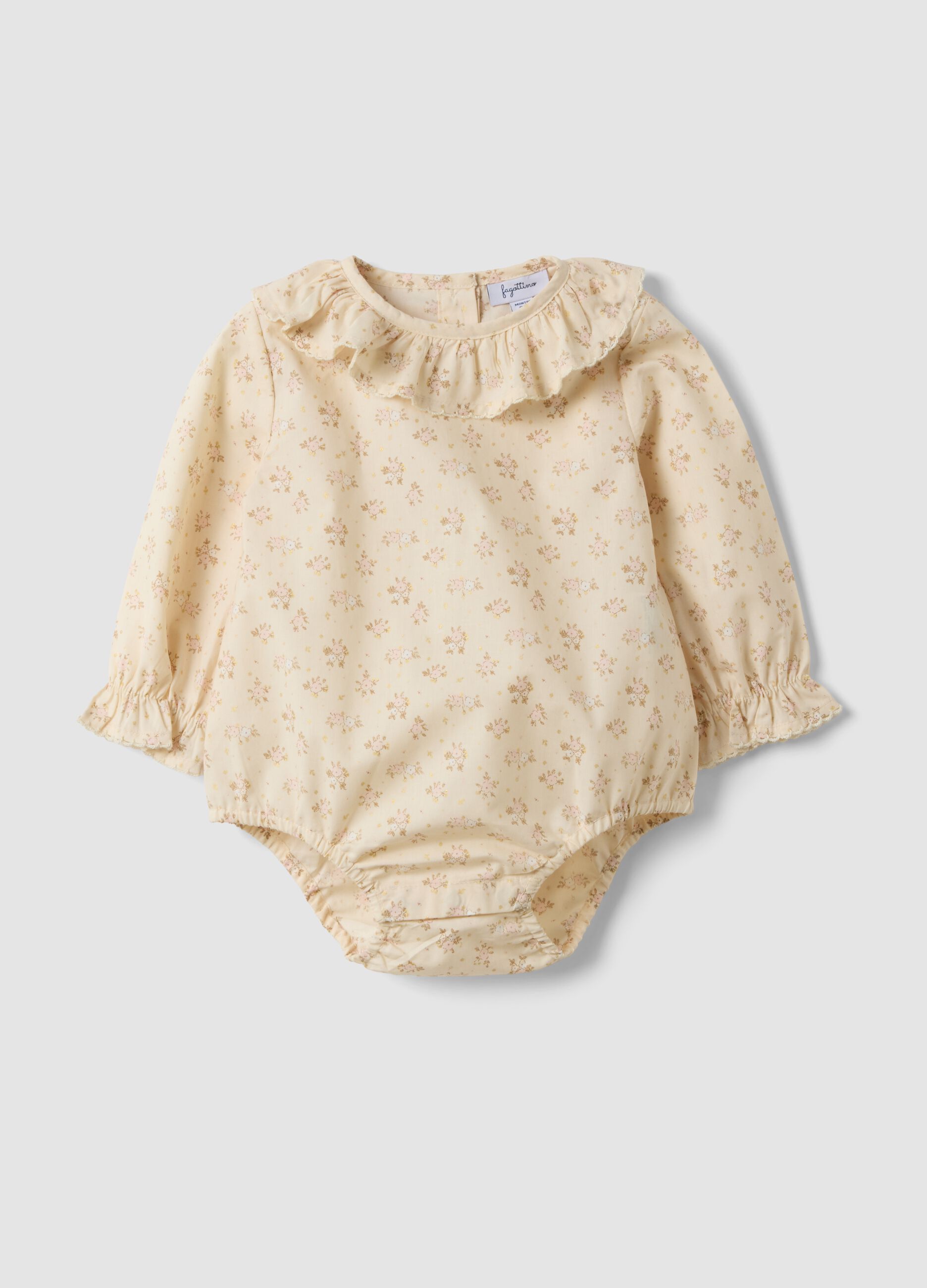 Beige pure cotton baby girl bodysuit with frill collar and floral print