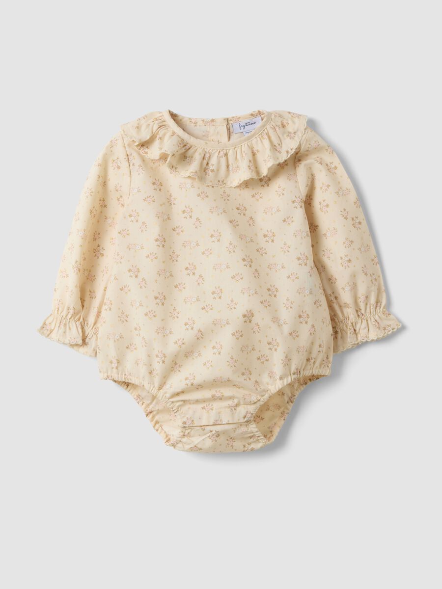 Body beige in puro cotone con colletto a volant per neonata con stampa floreale_0