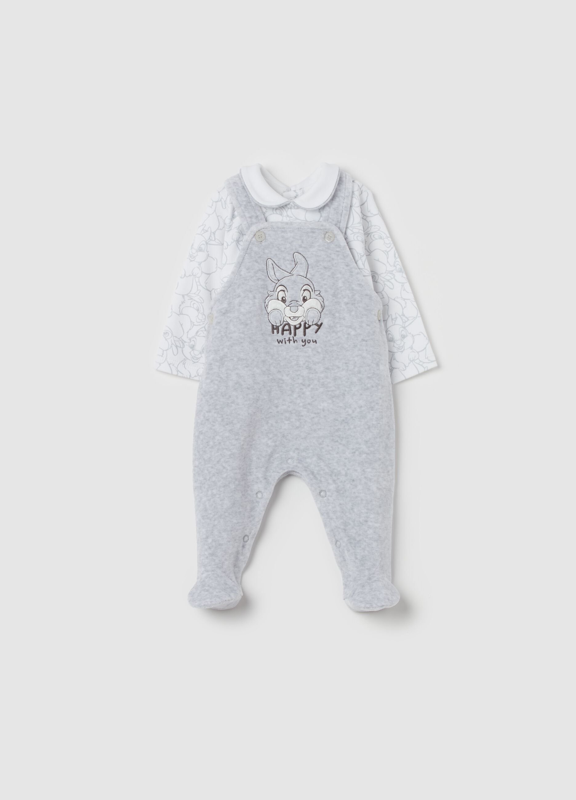 T-shirt and dungarees set with feet and Thumper embroidery
