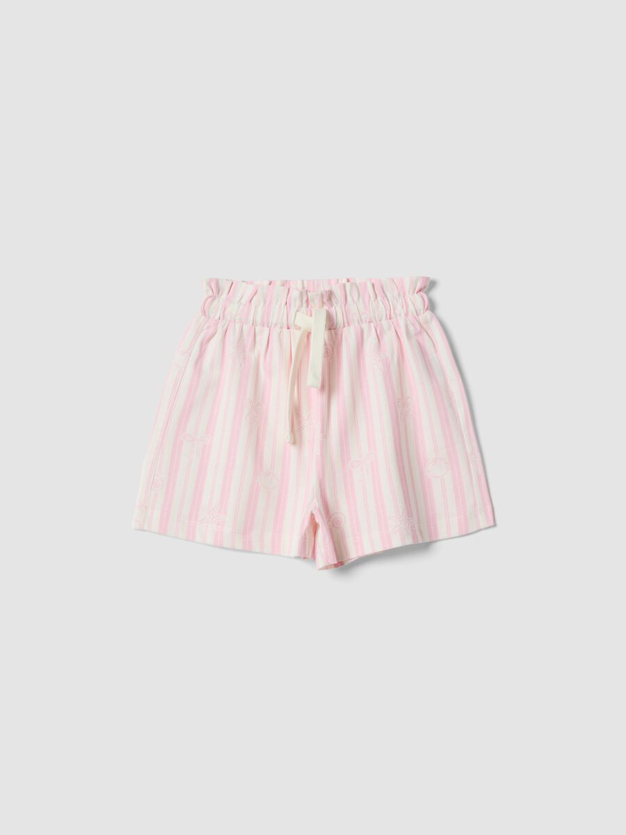 Girls&rsquo; pure cotton white and pink striped shorts with prints_0