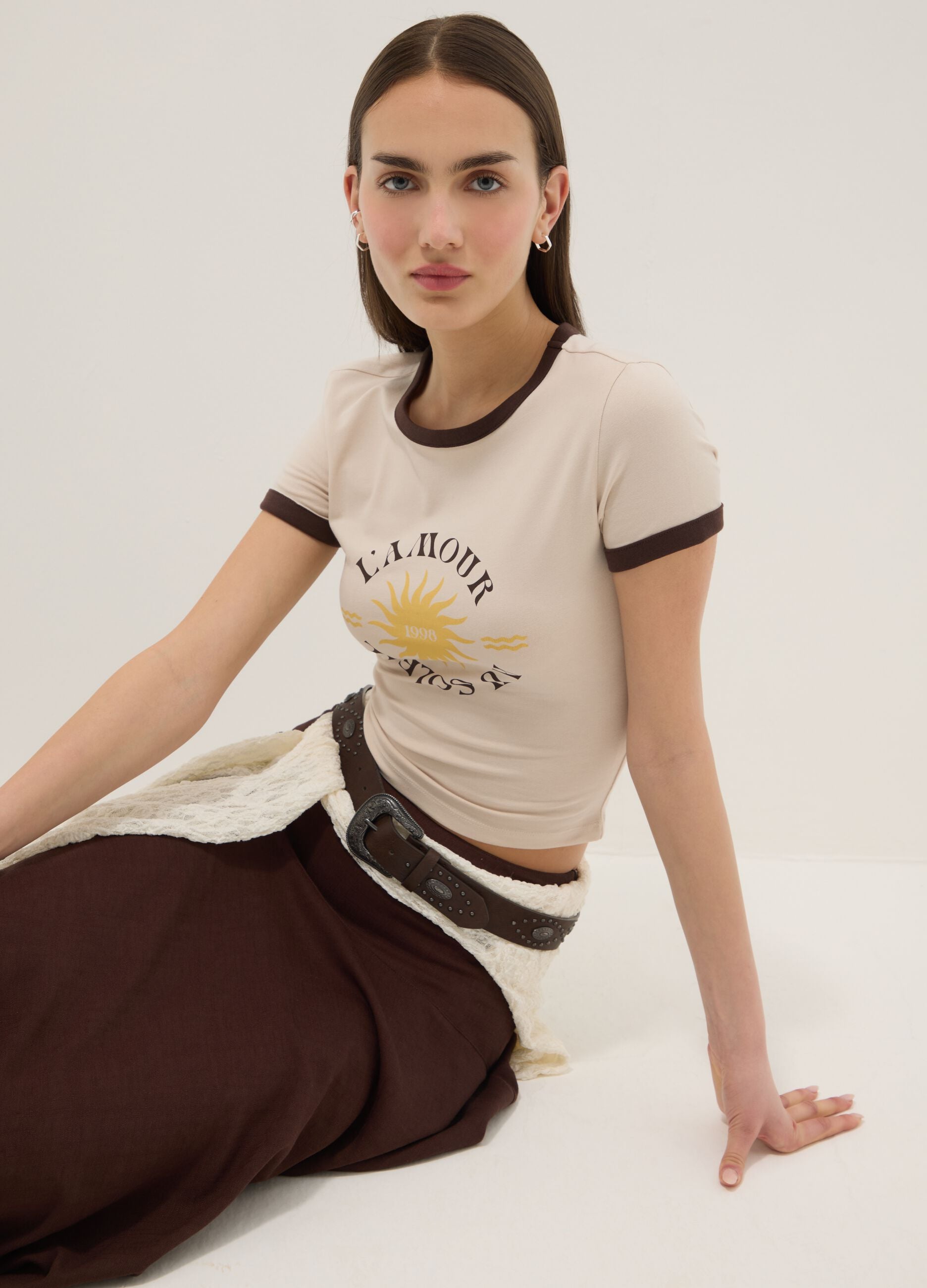 White stretch cotton regular-fit T-shirt with print
