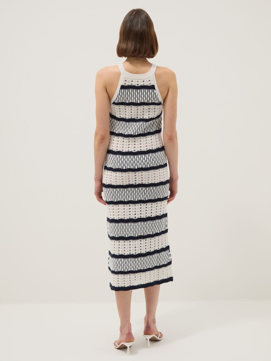 Fitted maxi dress in pure cotton with openwork knit and multicolour stripes_2