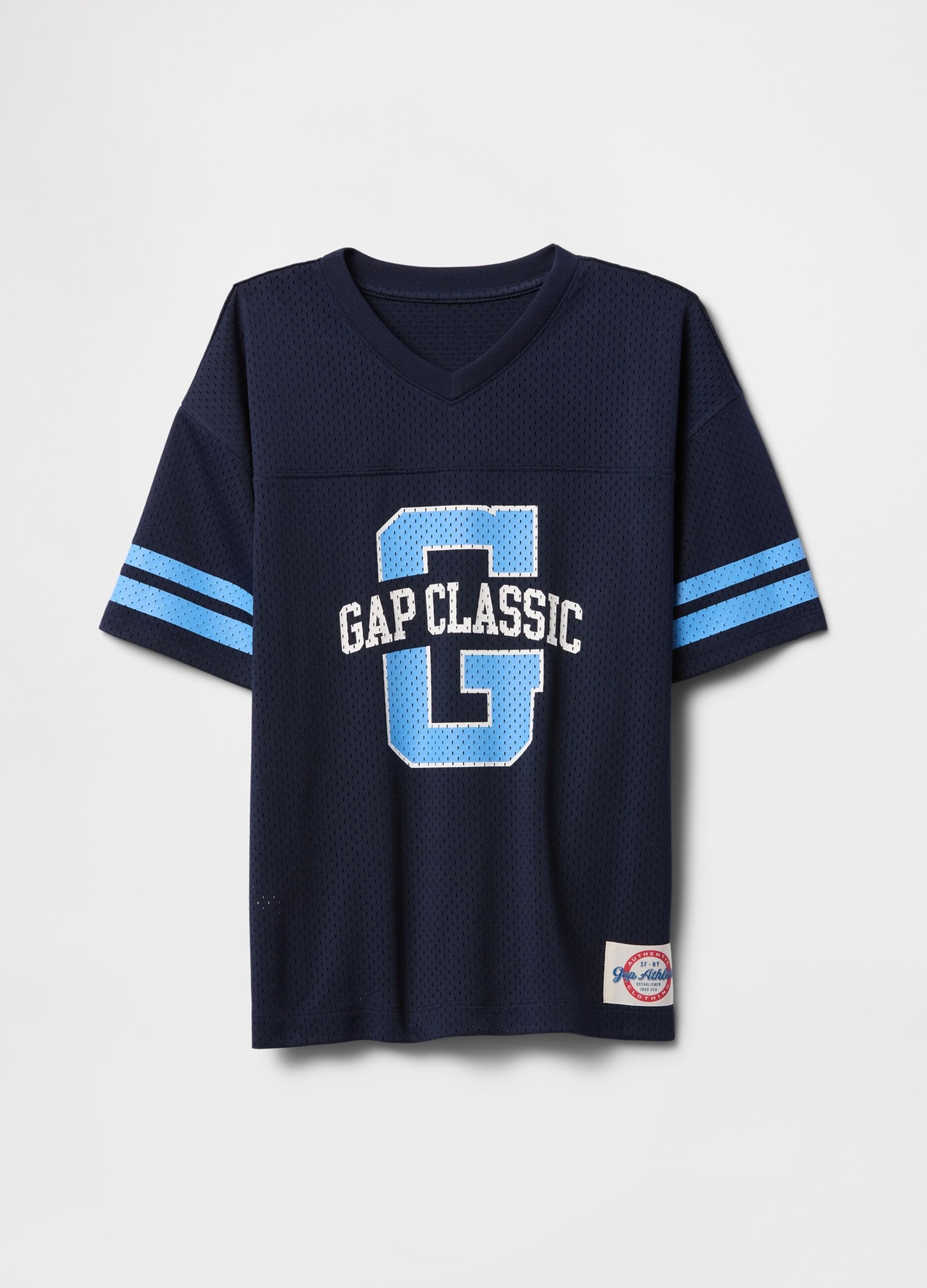 Blue sports jersey with logo and light blue accents