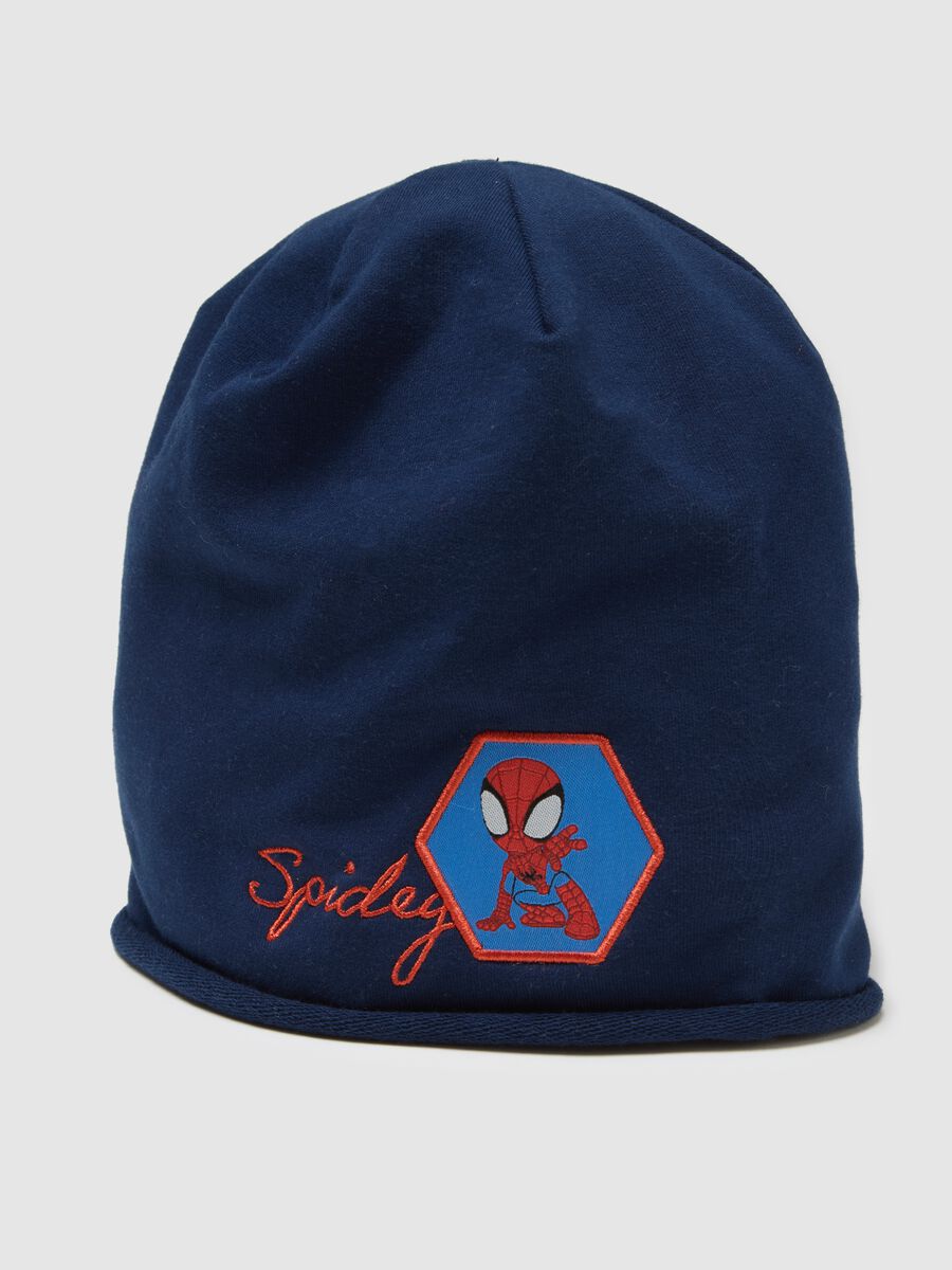 Blue stretch cotton toddler hat with Spiderman design_2