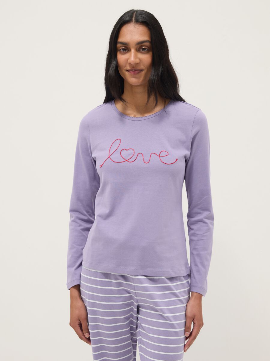 Purple striped pure cotton pyjamas with regular fit and embroidery_1