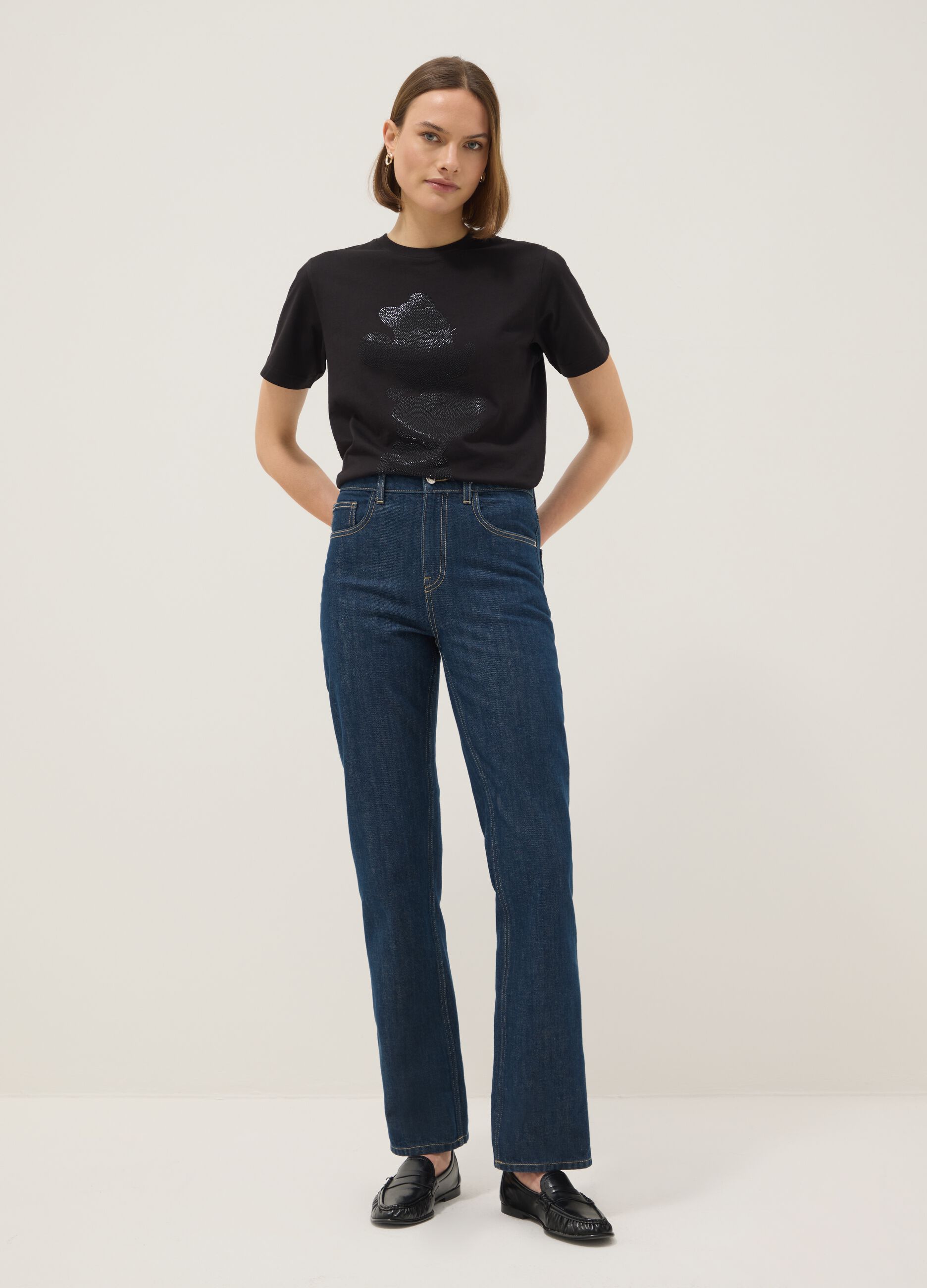 Black pure cotton regular fit T-shirt with sparkly Mickey Mouse