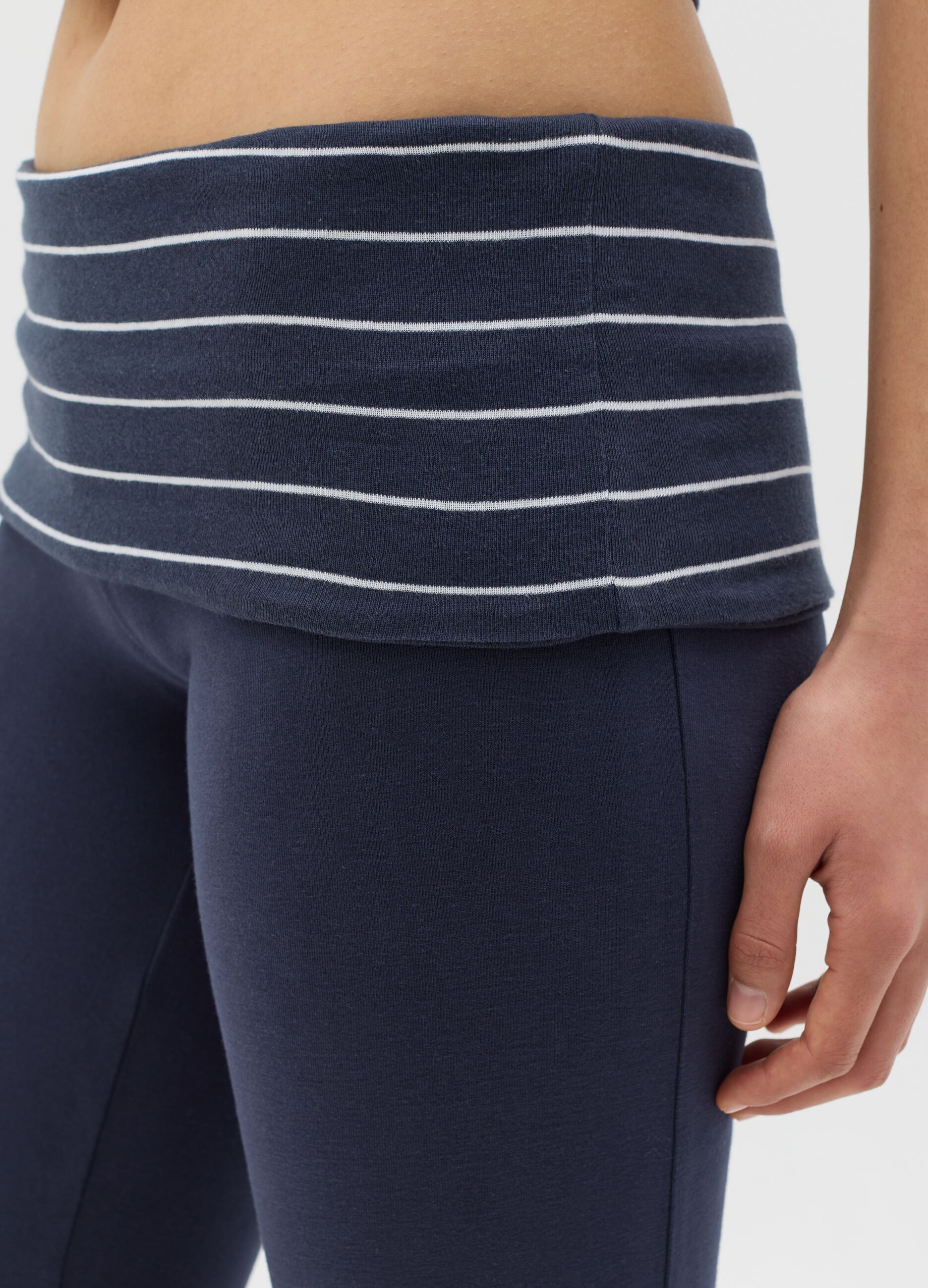 Blue flare-fit leggings with striped fold at the waist
