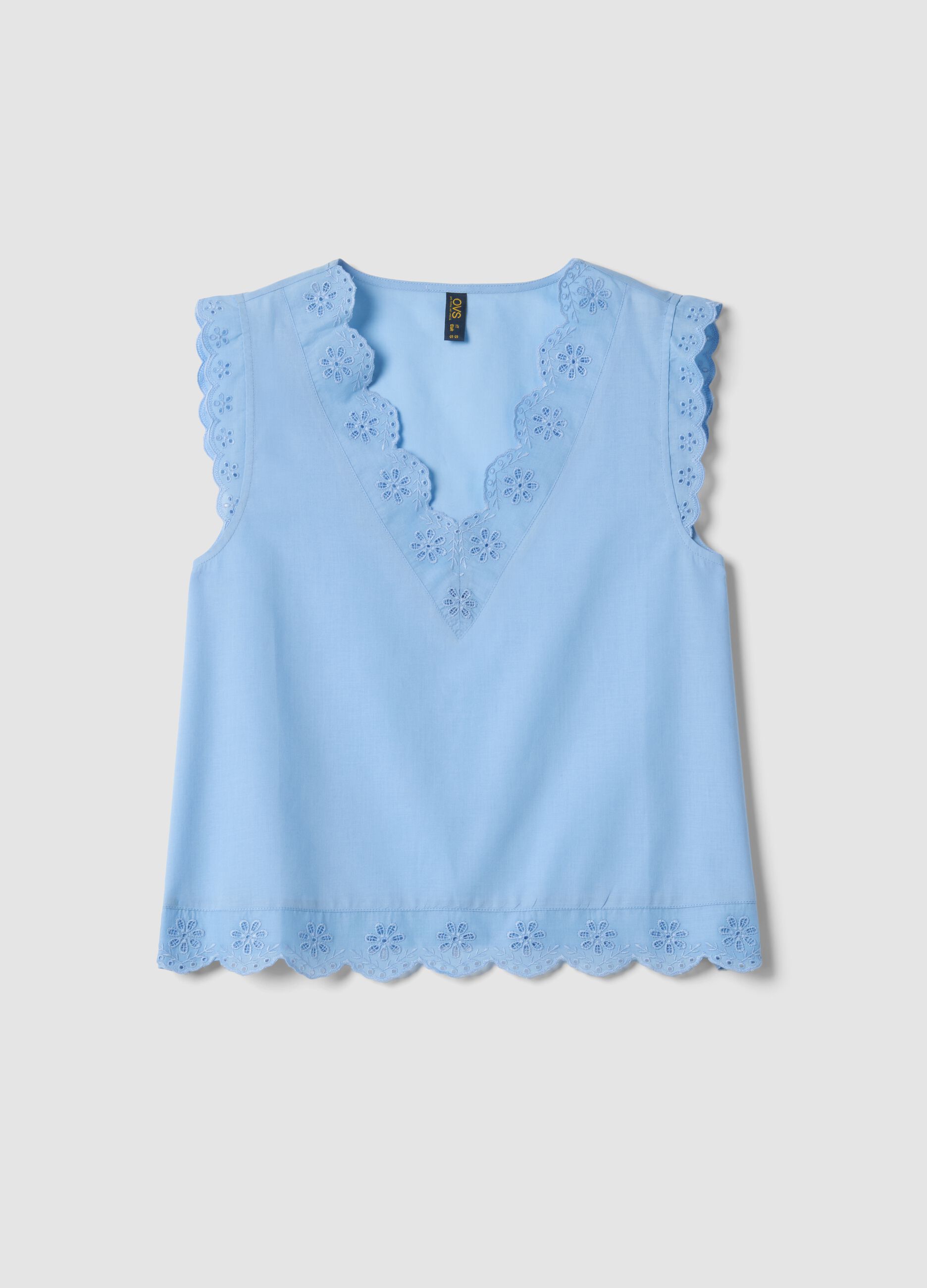 Top senza maniche in puro cotone azzurro regular fit con scollo a V 