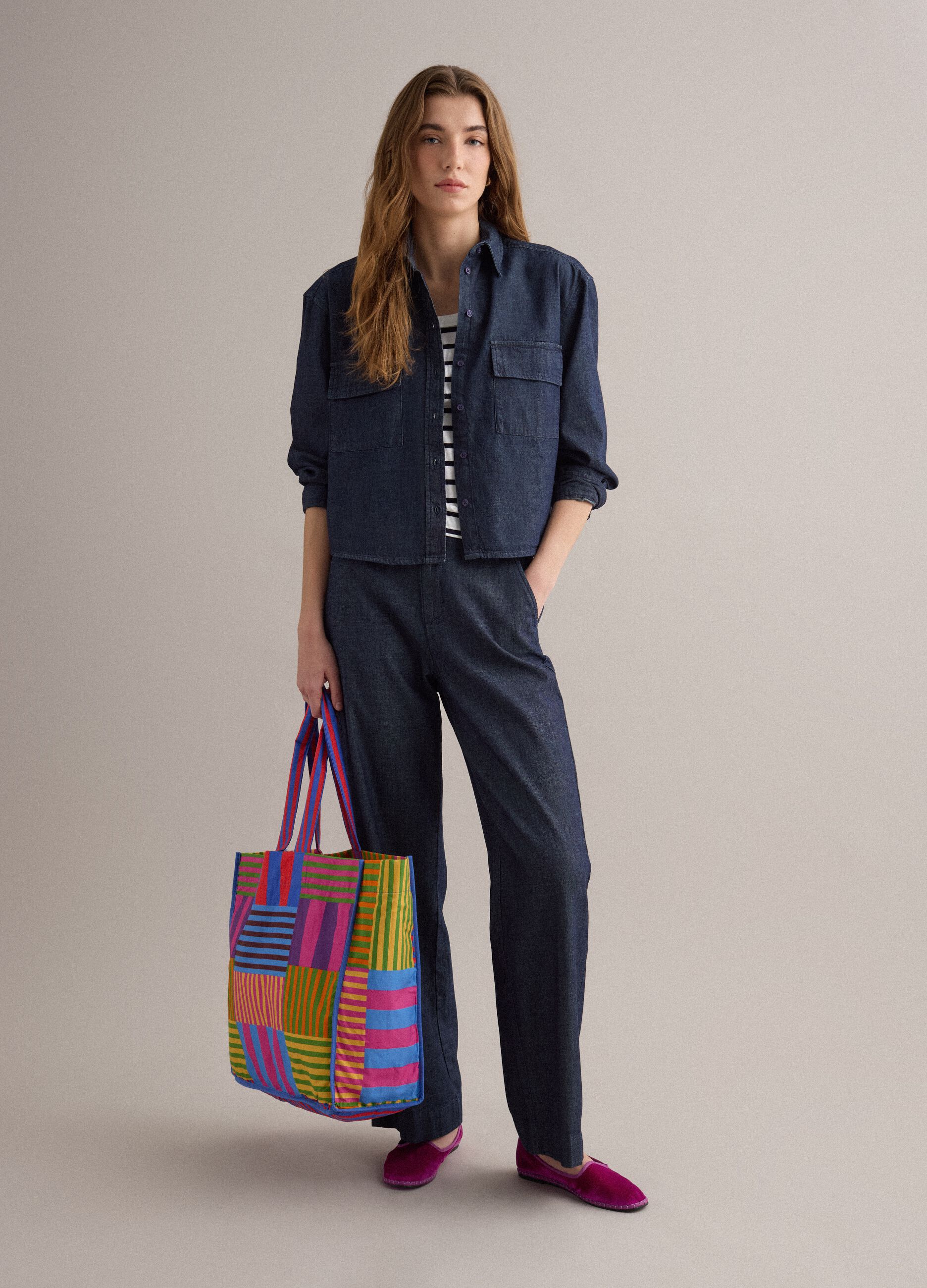 Multicolour striped pure cotton shopper bag