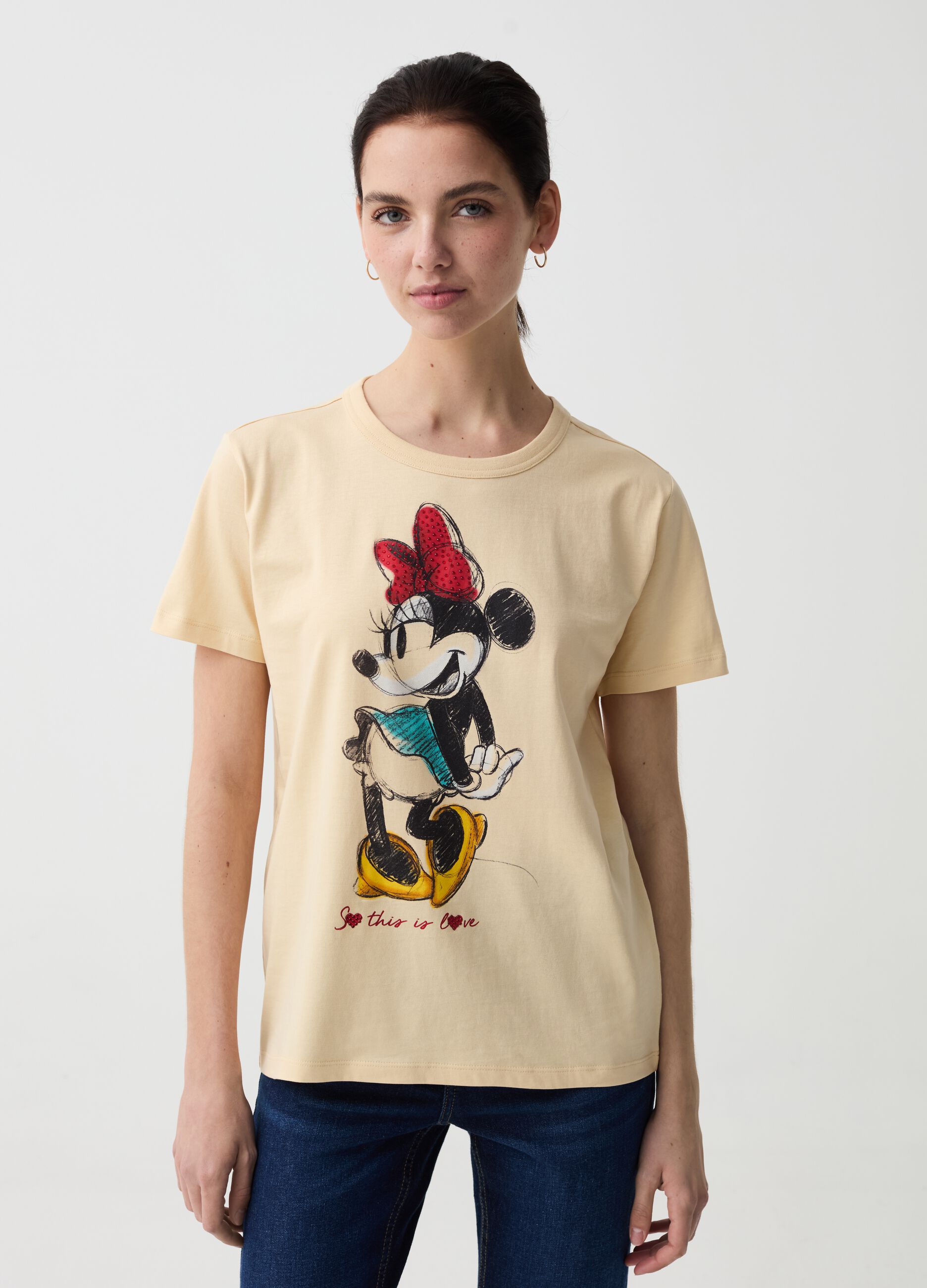 T-shirt con stampa Minnie e strass