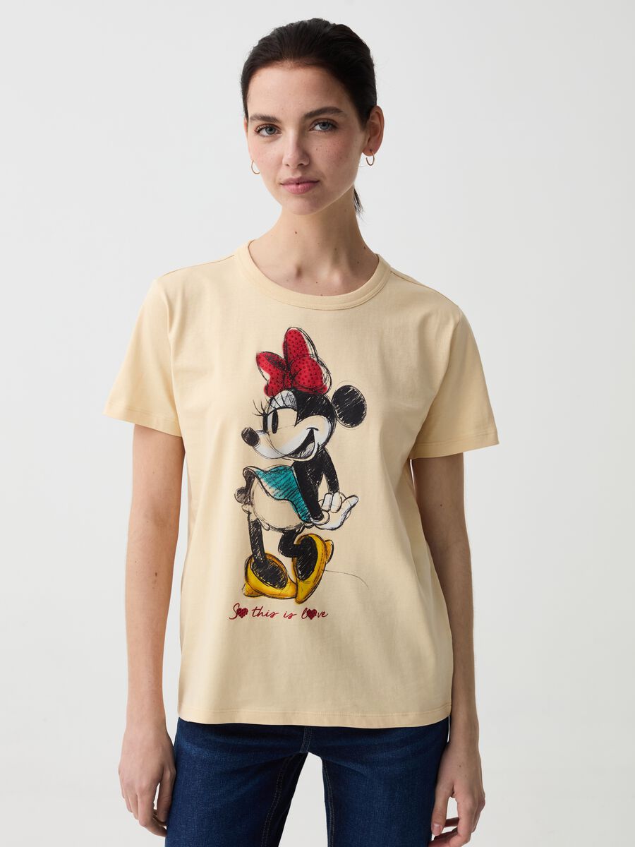 T-shirt con stampa Minnie e strass_0
