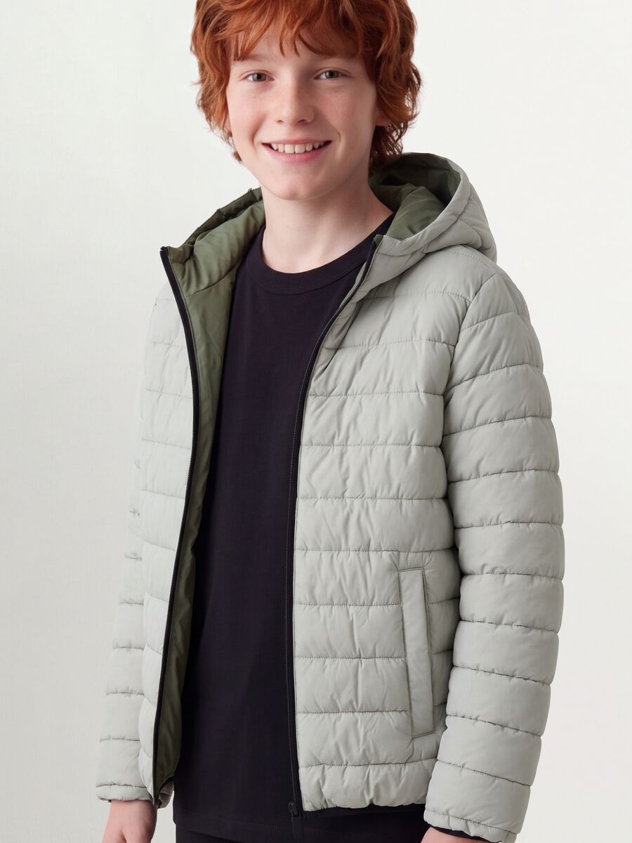 Reversible Ultralight padded hooded jacket in grey and green_0