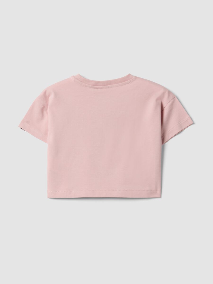 Pink cropped stretch cotton T-shirt with print for girls_1