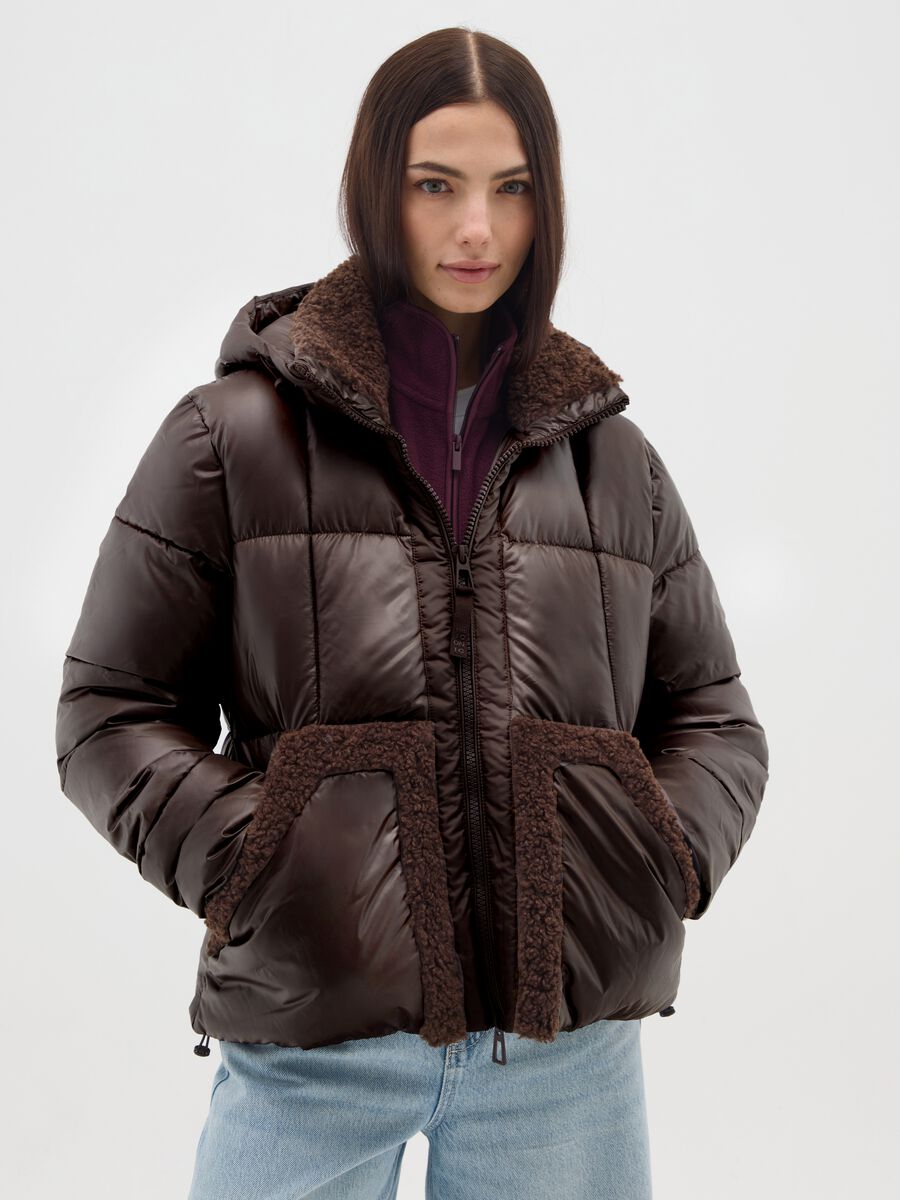 Brown The Iconic Puffer with Hood and Sherpa Details_1