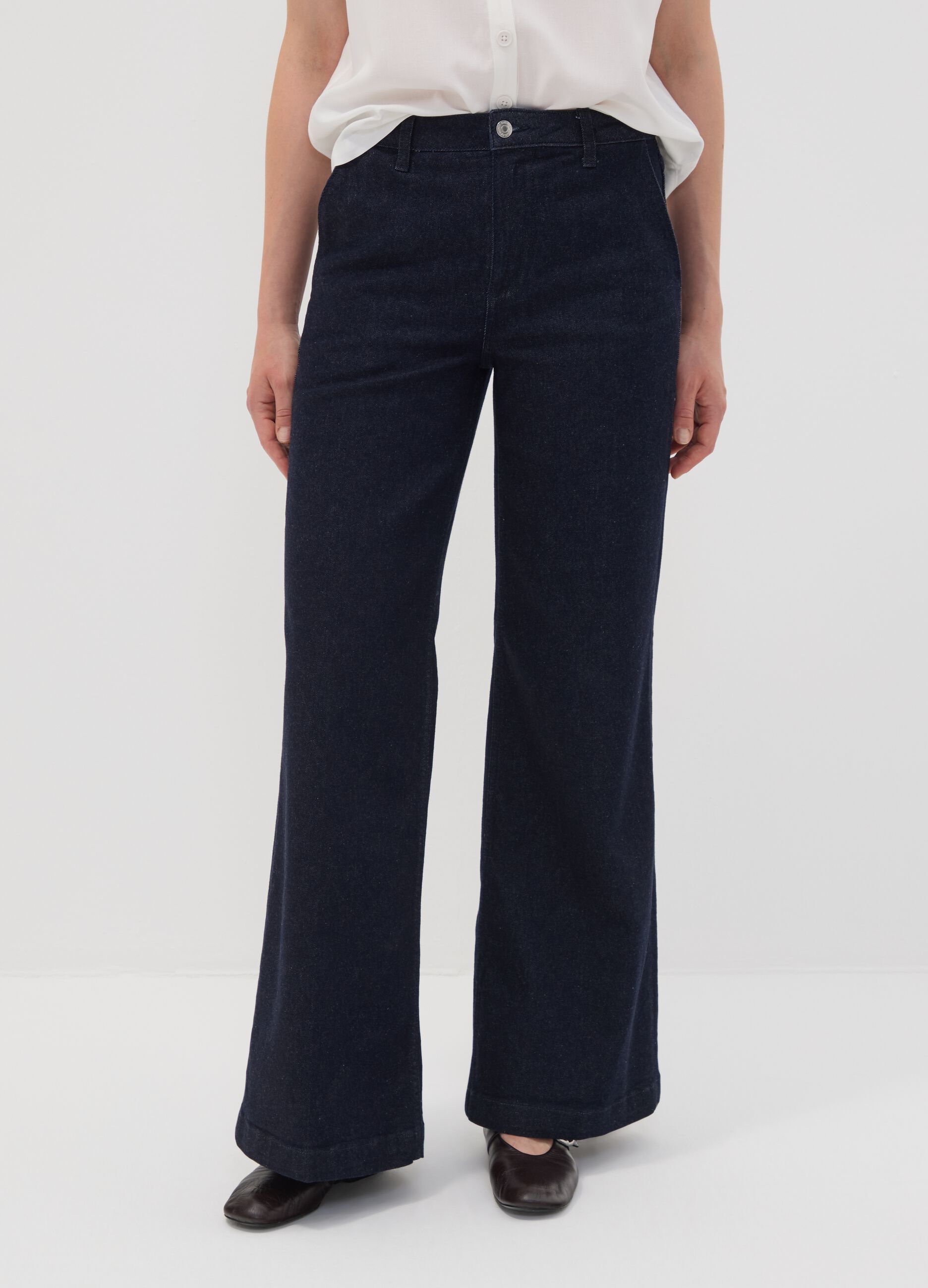 Dark blue high-waisted wide-leg stretch cotton jeans