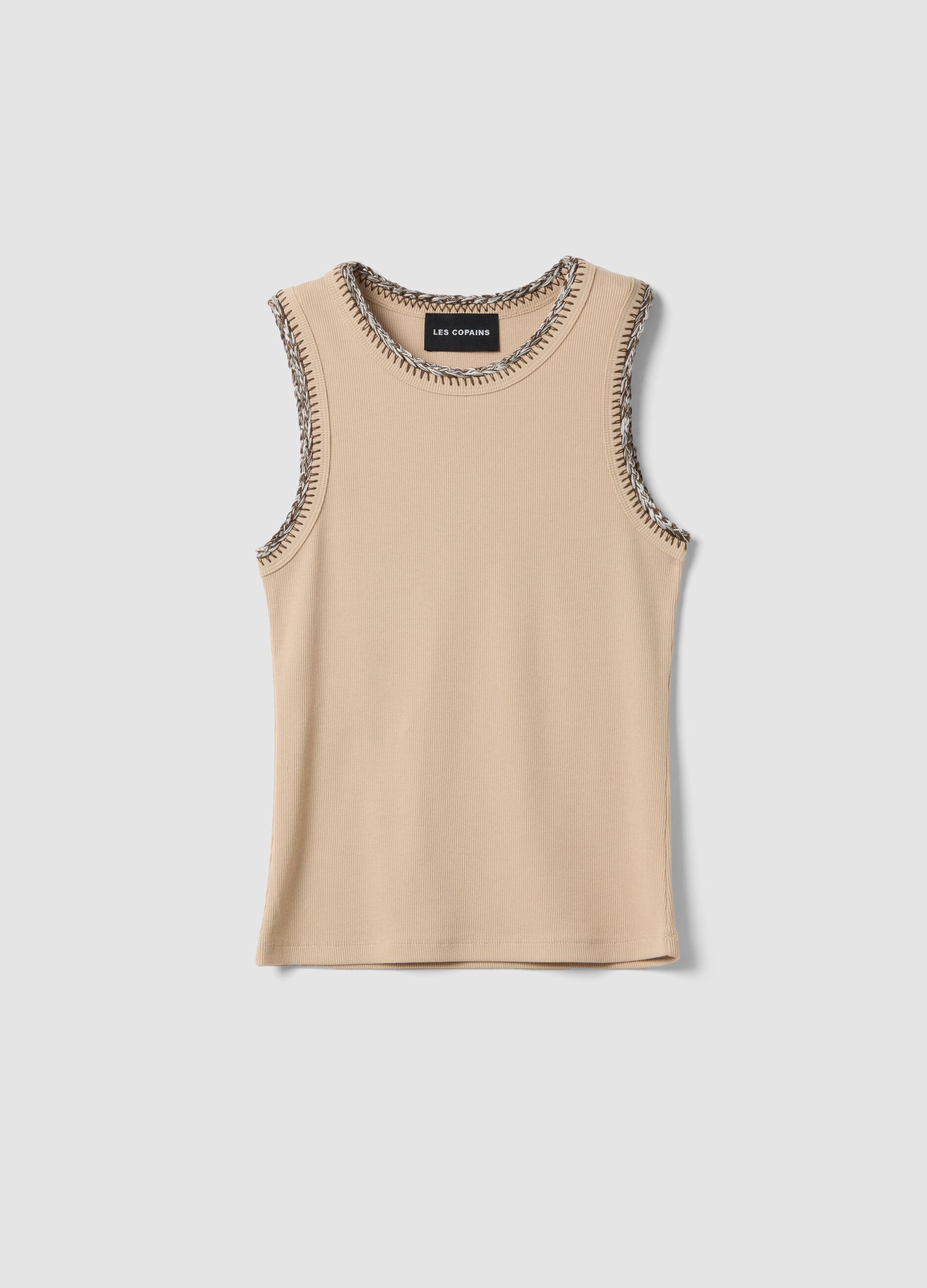 Beige regular fit stretch cotton tank top with embroidered edges