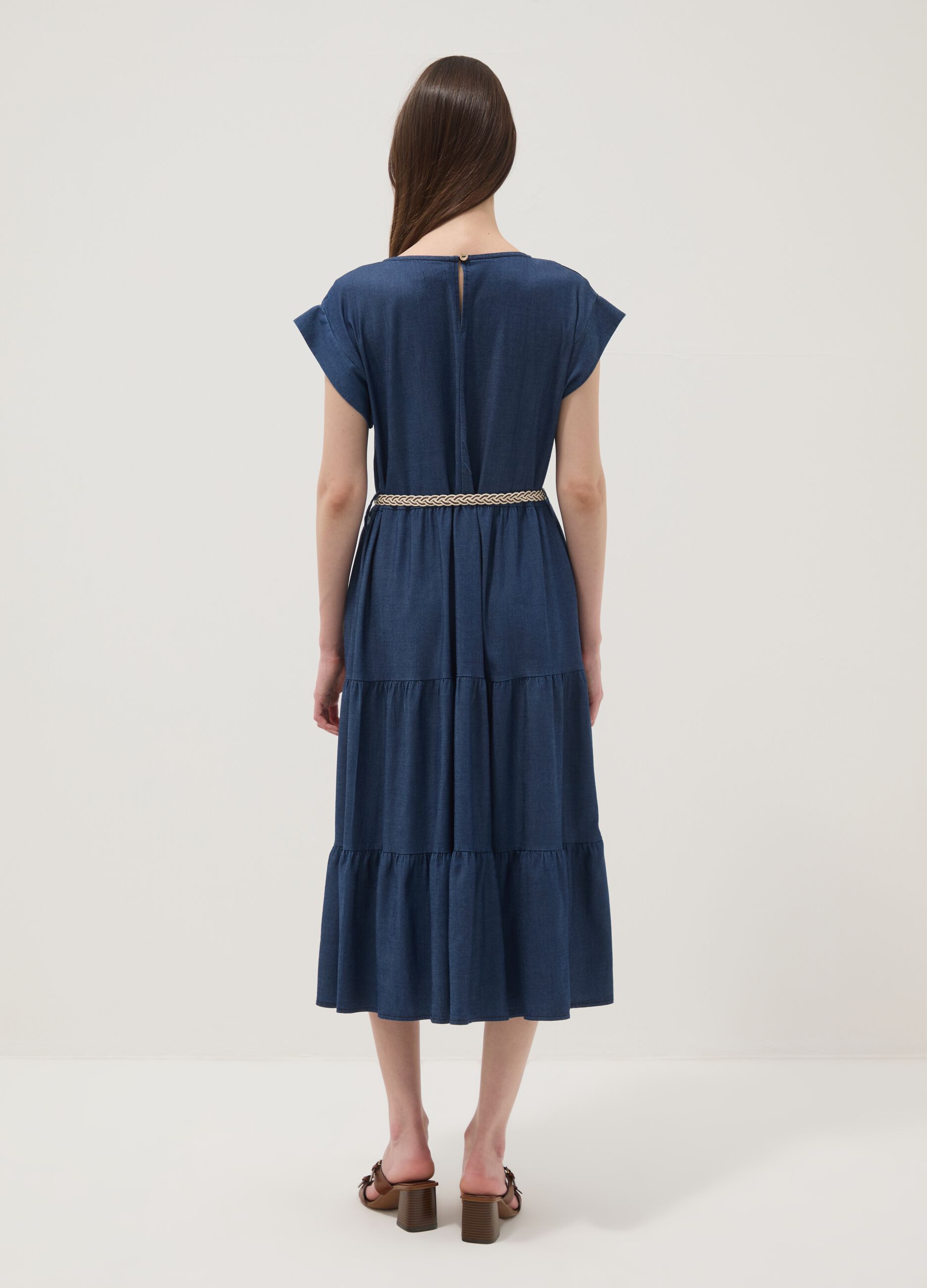 Blue midi dress in pure lyocell with braided belt