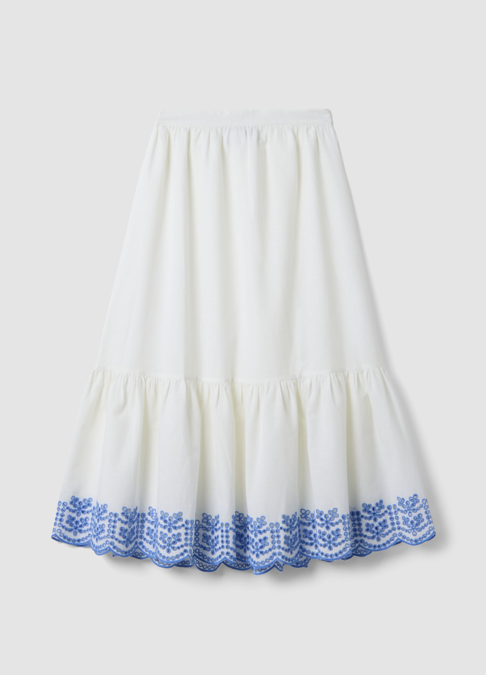 White cotton-linen blend skirt with embroidery