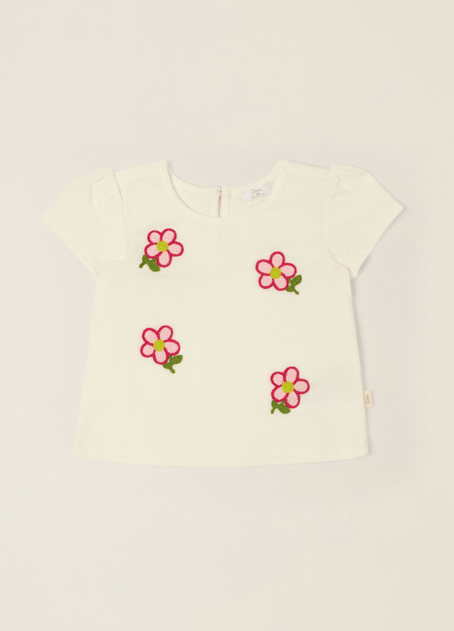 White stretch cotton baby girl T-shirt with embroidered flowers