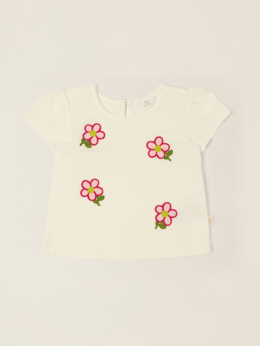 White stretch cotton baby girl T-shirt with embroidered flowers_0