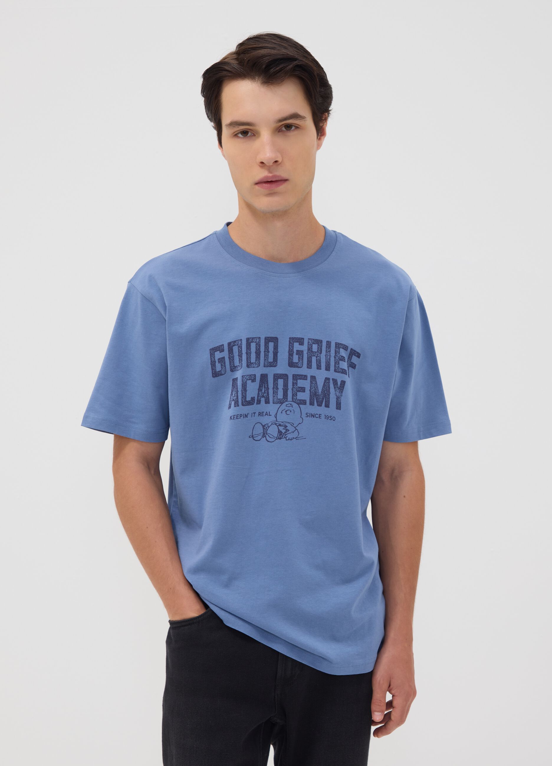 Blue pure cotton Peanuts print T-shirt, relaxed fit