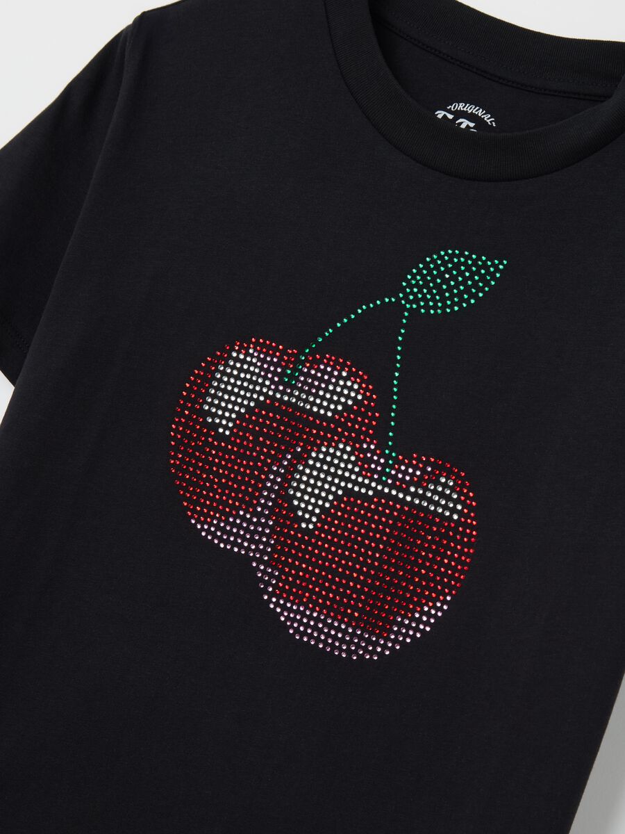 Black T-shirt in cotton with diamanté cherries_5