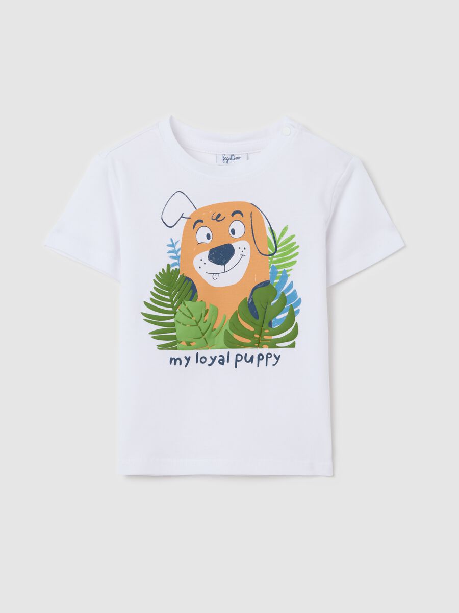 White cotton T-shirt with puppy print_0