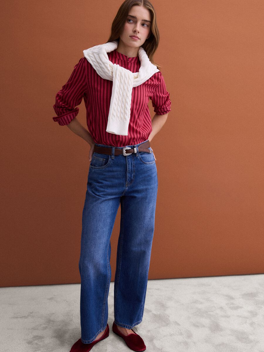 Camicia rossa in puro cotone a righe con collo alla coreana regular fit_2