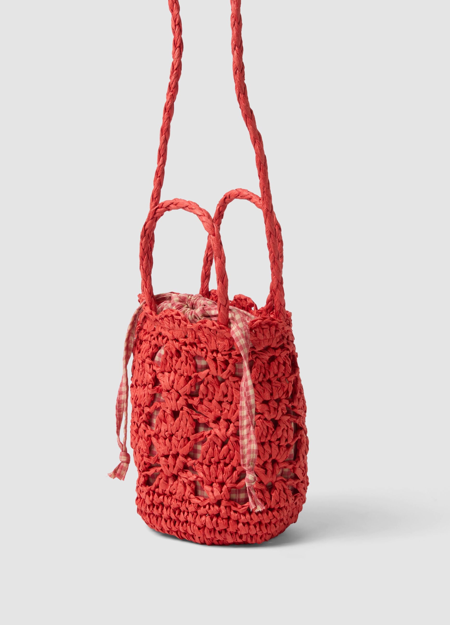 Orange shoulder bag in pure paper fabric with gingham insert