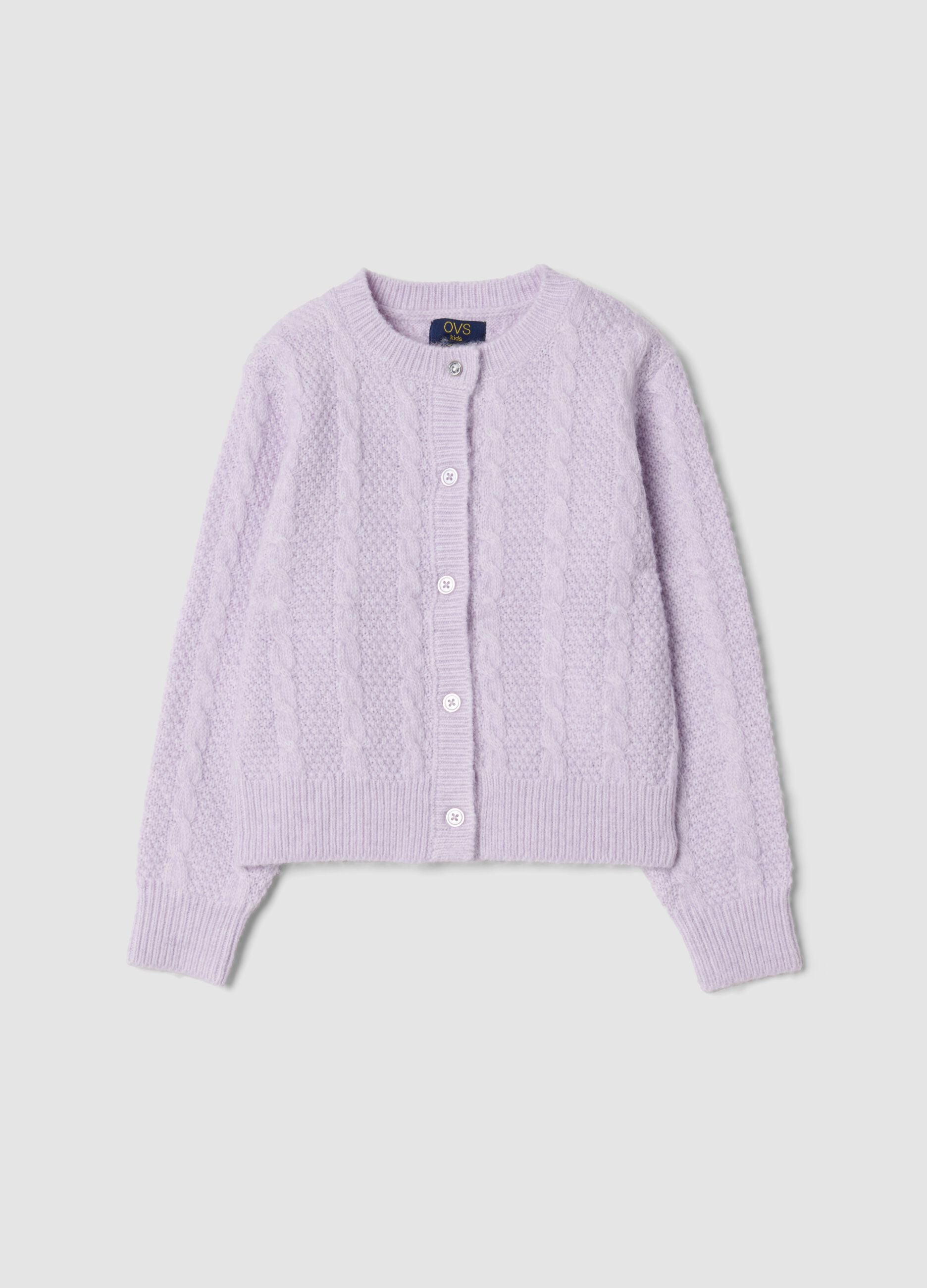 Purple cable-knit wool-blend cardigan with buttons, regular fit