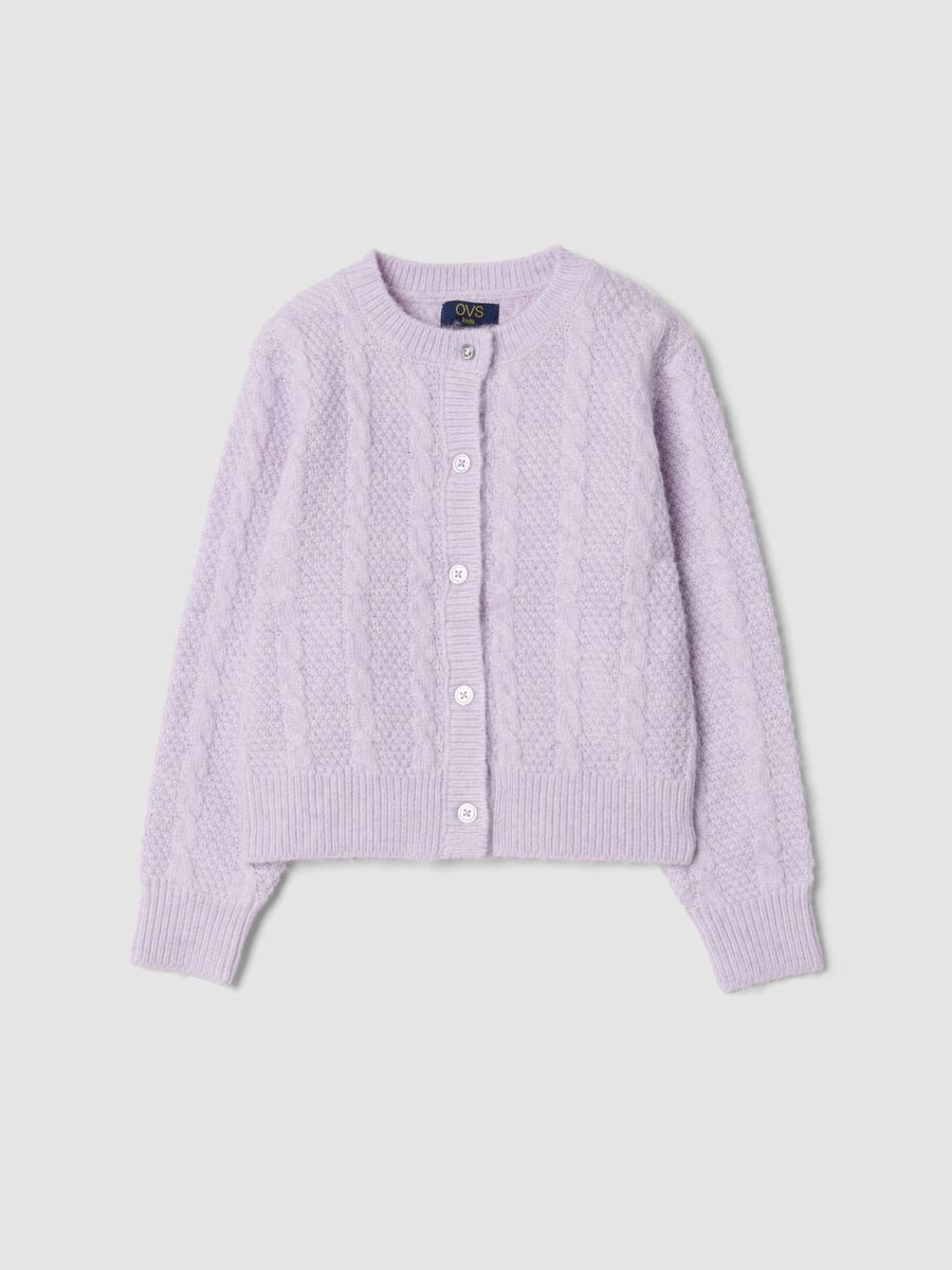 Purple cable-knit wool-blend cardigan with buttons, regular fit_0