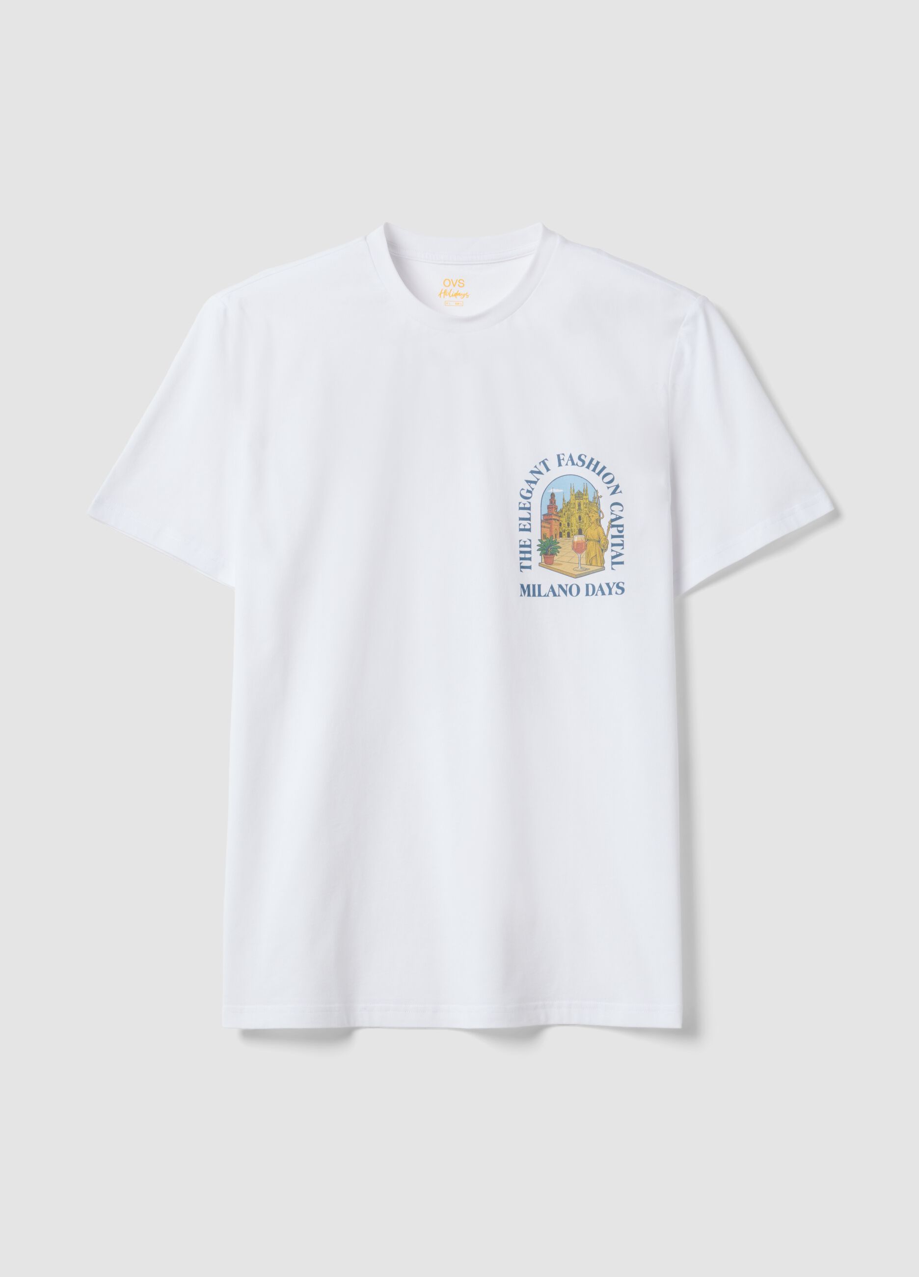 White pure cotton T-shirt with chest print, regular fit