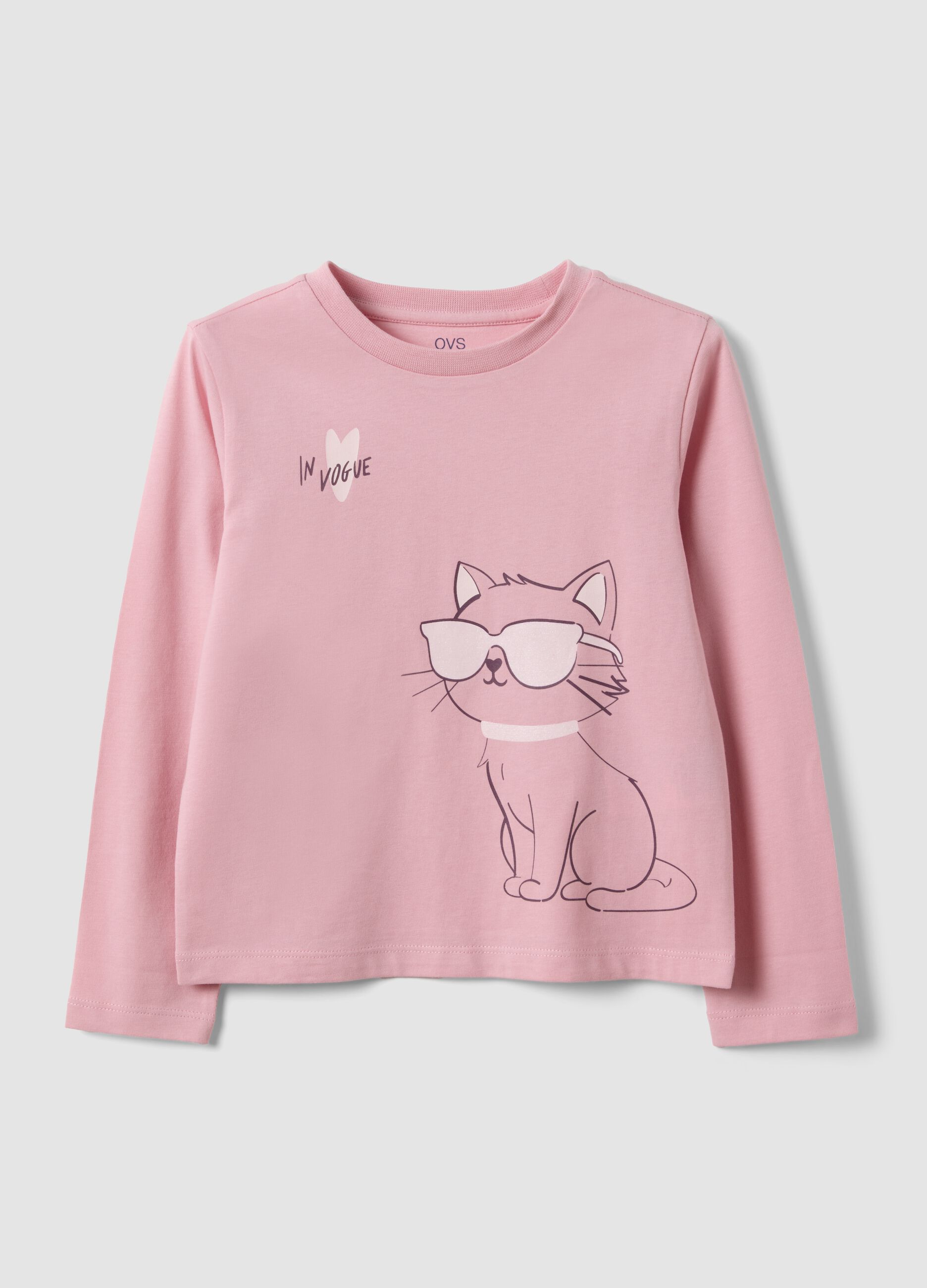 Girls&rsquo; pink organic cotton T-shirt with kitten print