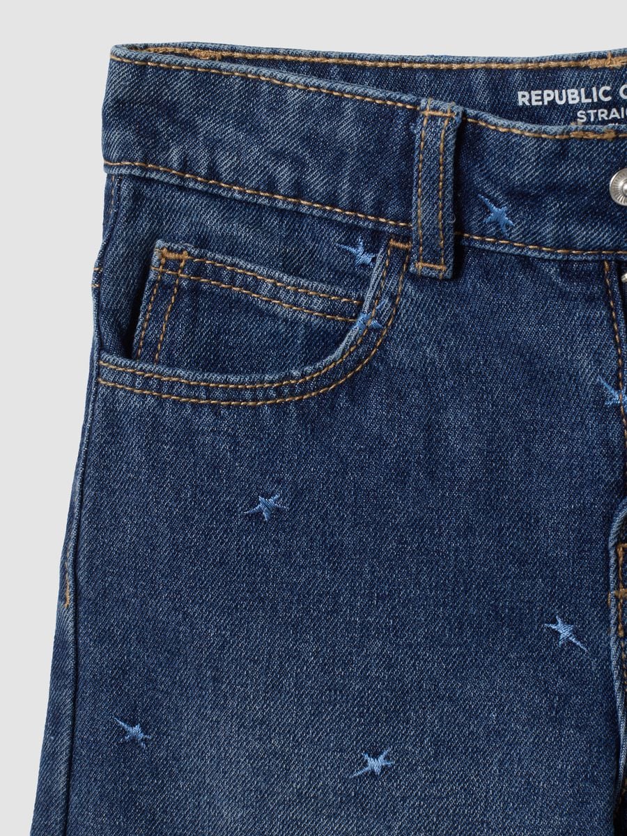 Blue cotton-blend jeans with viscose and lyocell, embroidered, for girls_3
