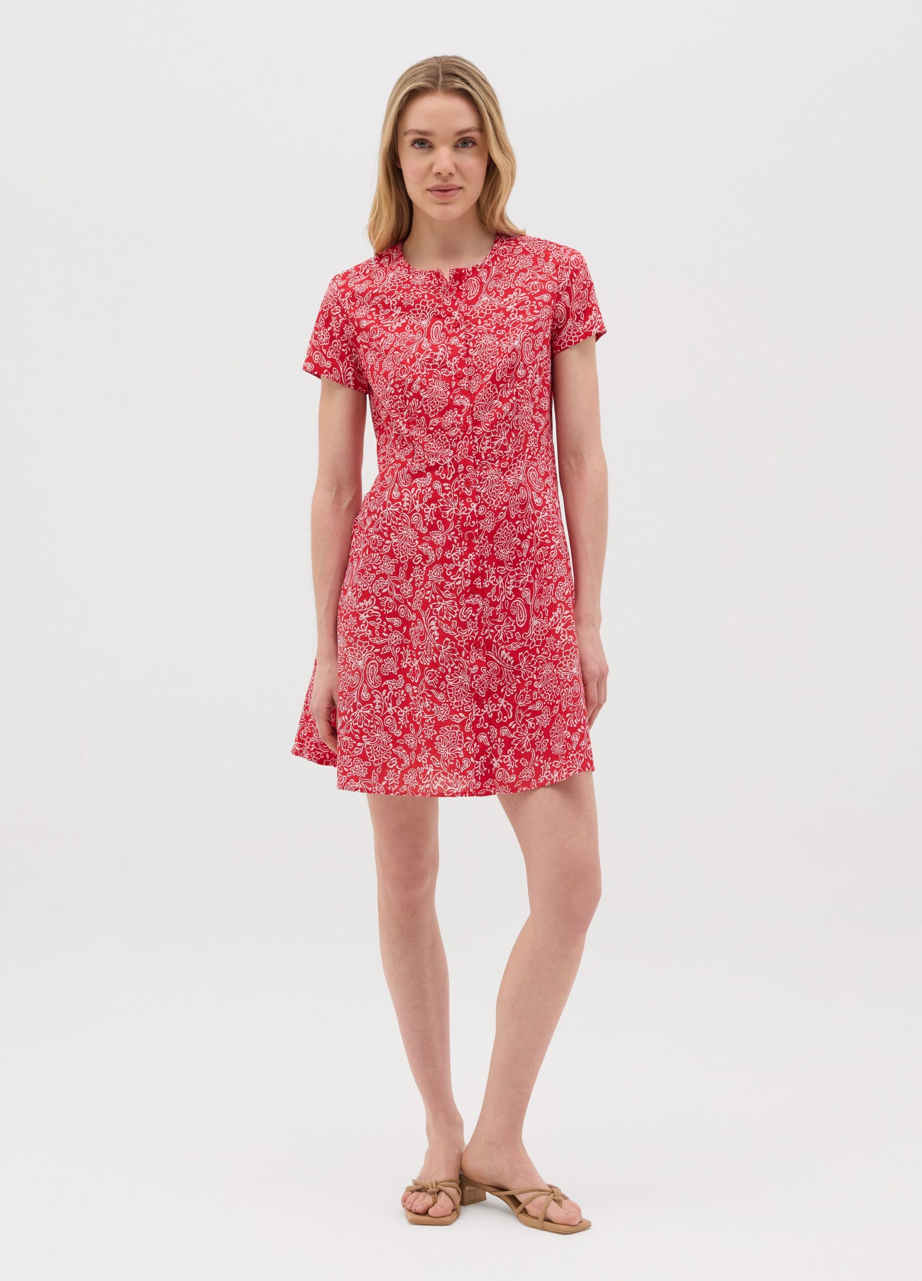 Red cotton dress with floral pattern by Ovs